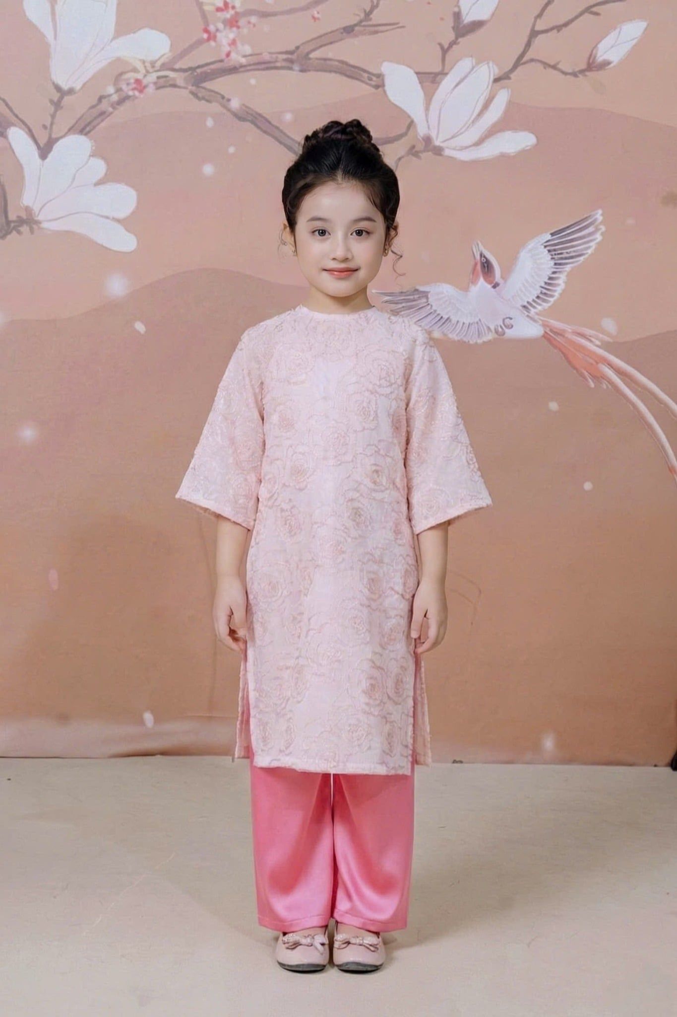 Áo Dài Tơ Bé Gái Màu Hồng, Ngọt Ngào, Thanh Lịch | Crown Space CKGL9942101/CKGL9942102 