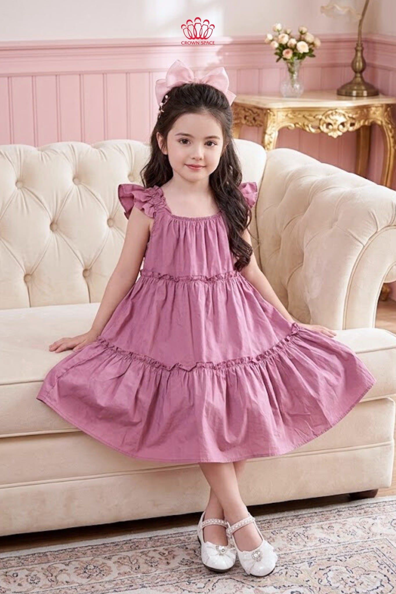  Váy Bé Gái Hồng Tầng Nhún Crown Space – Váy Công Chúa Cotton Mềm Mại CKGS2860203 