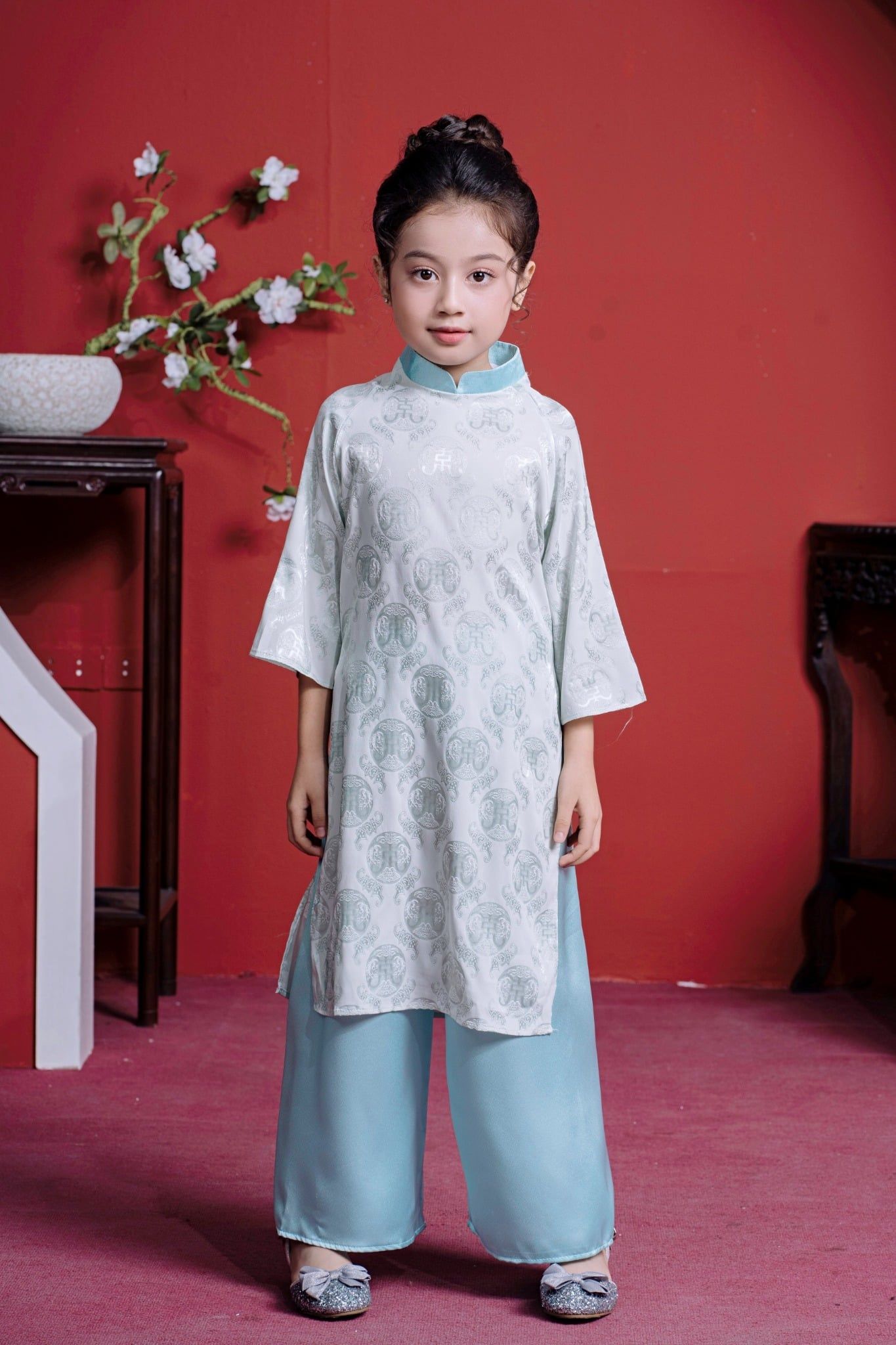  [Xả kho-Miễn Đổi Trả]  Áo Dài Lụa Tơ Tằm Bé Gái Cao Cấp, Cách Tân, Sang Trọng | Crown Space CKGS9941901/CKGS9941902 