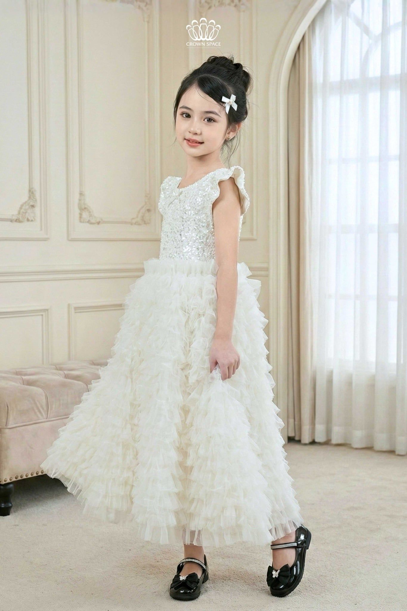  Váy Công Chúa Dạ Hội Kim Sa Xám Bạc Tay Cánh Tiên Lộng Lẫy | Crown Space CKGS6851601 