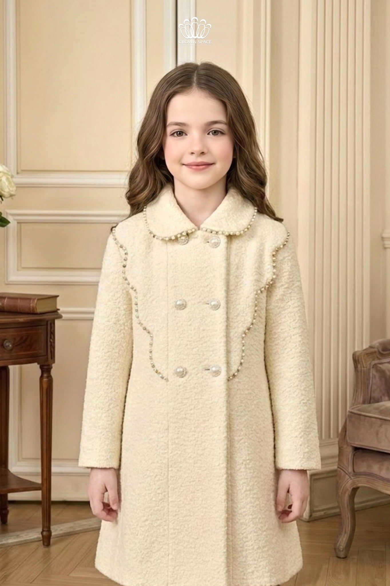  Áo Khoác Dạ Lông Thỏ Màu Kem Viền Đính Kết Hạt Pha Lê | Crown Space CKGL63517071 