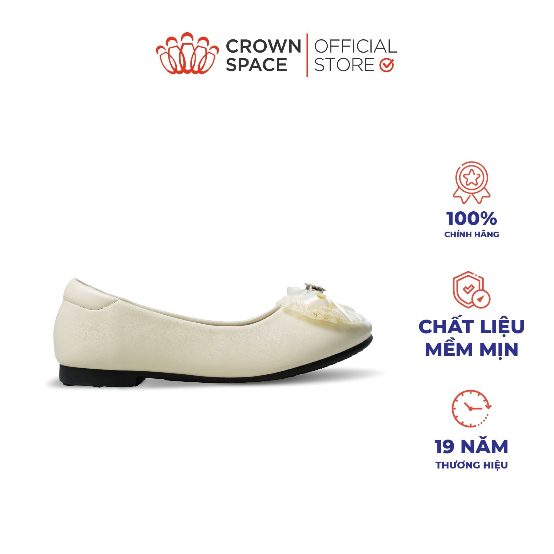  [Xả kho-Miễn Đổi Trả]Giày Búp Bê Bé Gái Đính Nơ Ren Đá Trái Tim, Êm Chân Chống Bẹt | Crown Space CRUK3181 