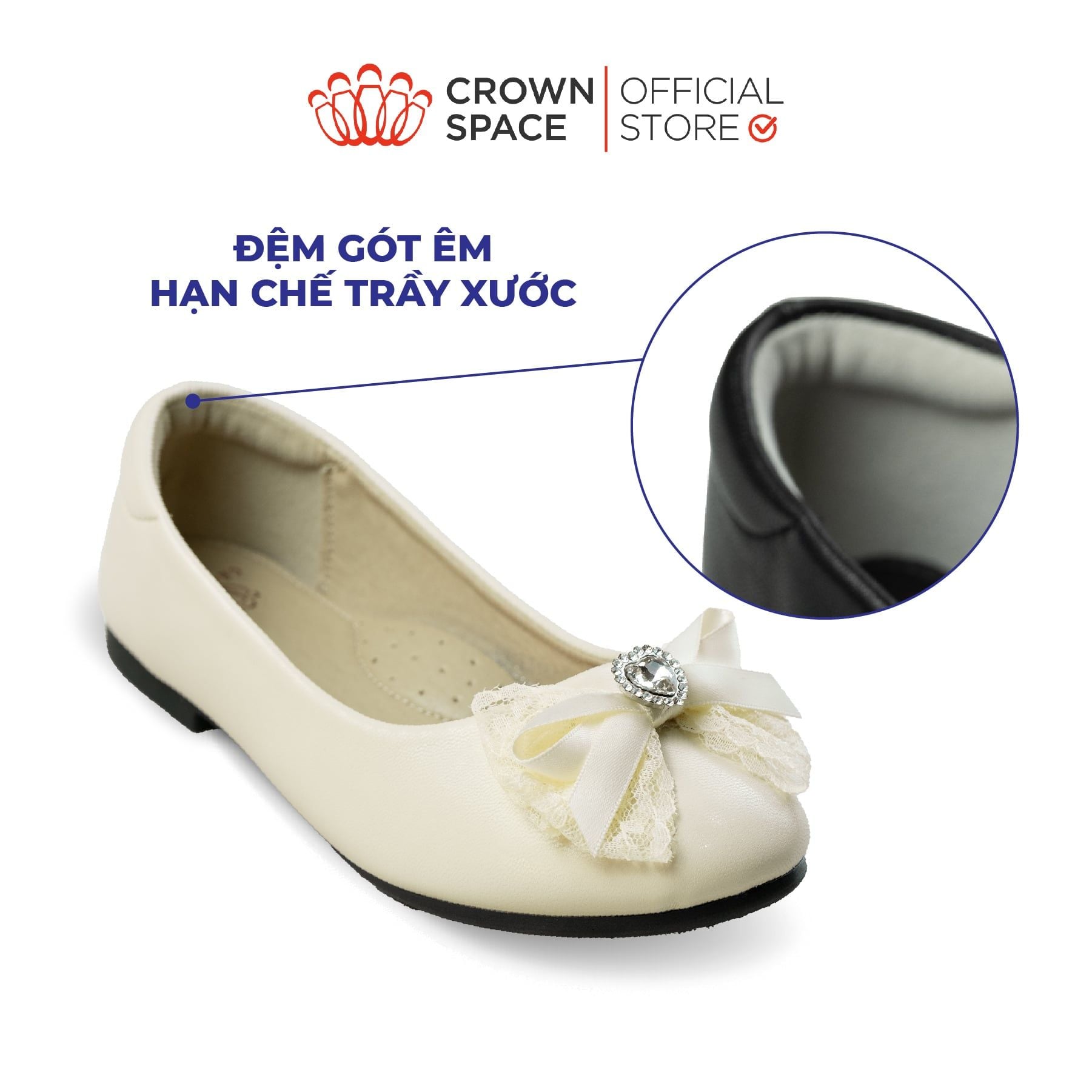  [Xả kho-Miễn Đổi Trả]Giày Búp Bê Bé Gái Đính Nơ Ren Đá Trái Tim, Êm Chân Chống Bẹt | Crown Space CRUK3181 
