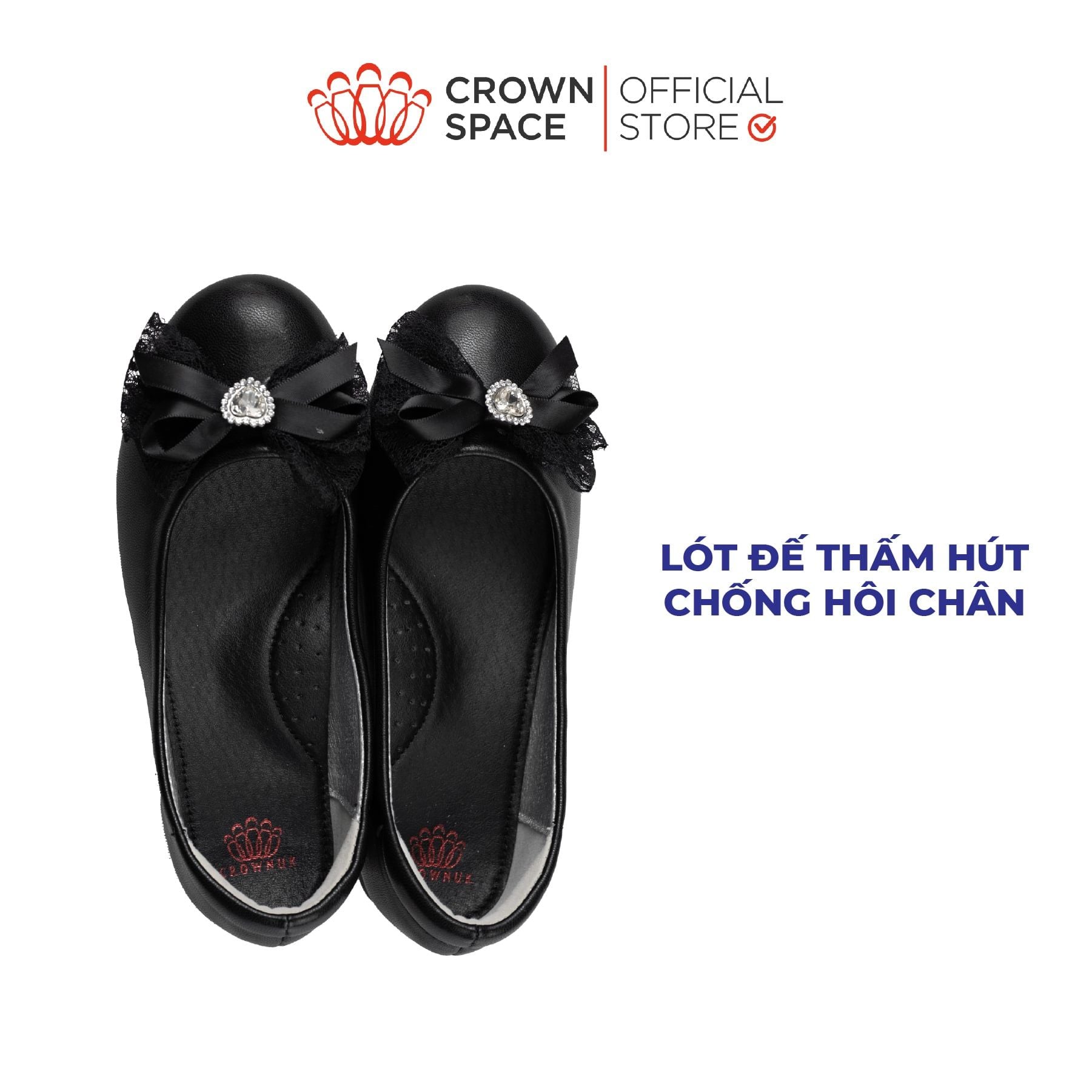  [Xả kho-Miễn Đổi Trả]Giày Búp Bê Bé Gái Đính Nơ Ren Đá Trái Tim, Êm Chân Chống Bẹt | Crown Space CRUK3181 