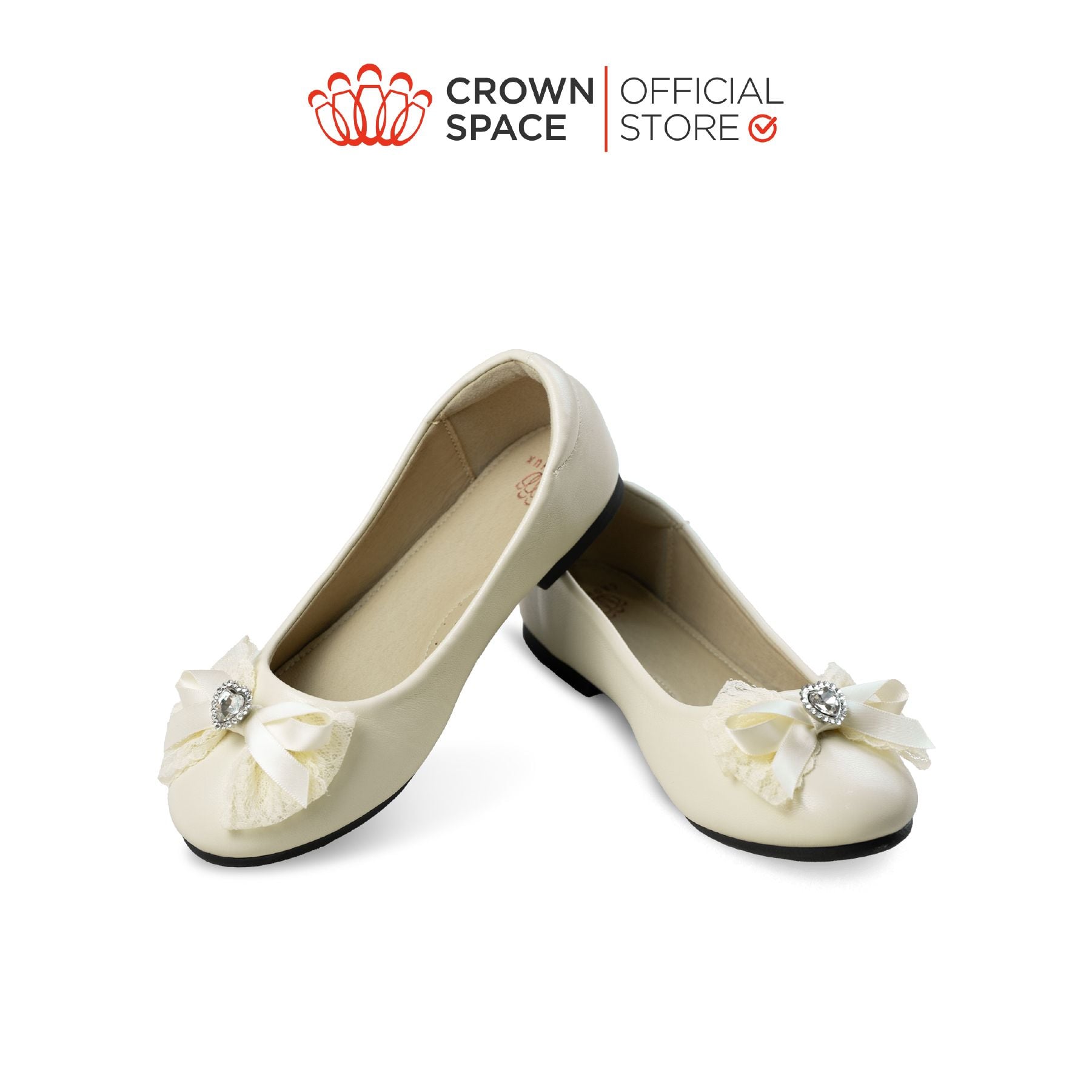  [Xả kho-Miễn Đổi Trả]Giày Búp Bê Bé Gái Đính Nơ Ren Đá Trái Tim, Êm Chân Chống Bẹt | Crown Space CRUK3181 
