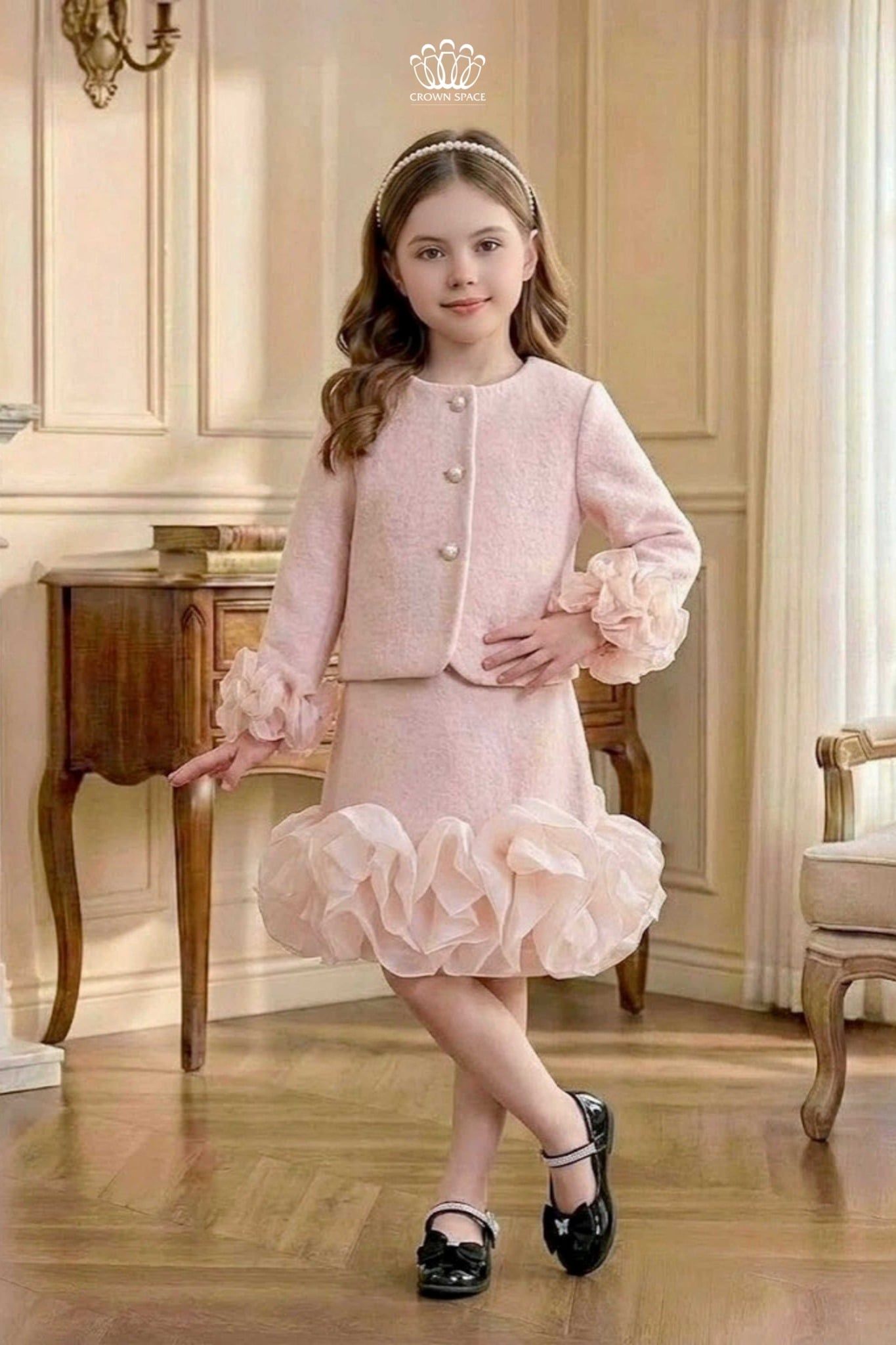  Set Áo Váy Dạ Lông Thỏ Thượng Hạng Phối Bèo Voan Cứng | Crown Space CKGL6351701/CKGS6851701 