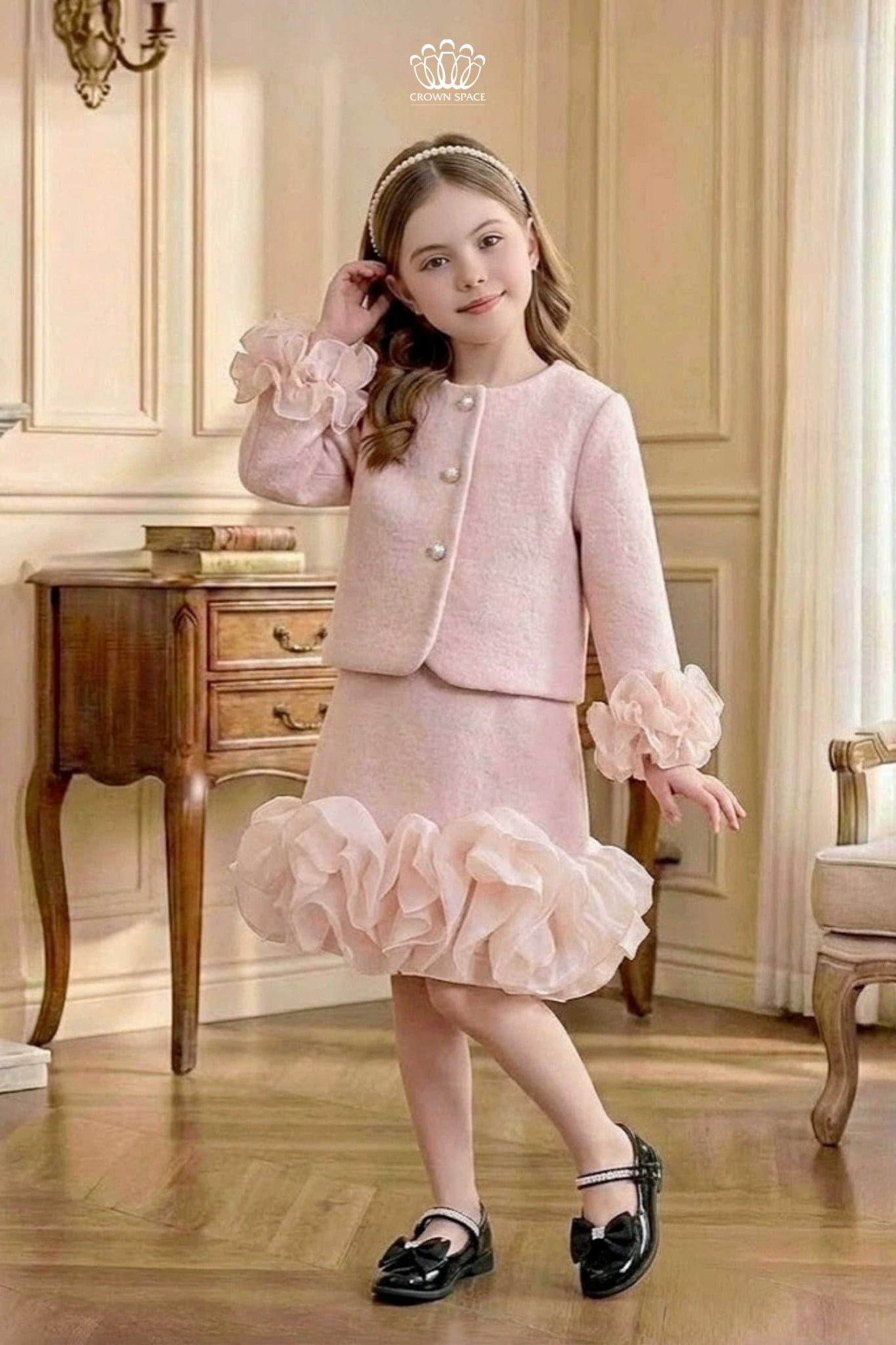  Set Áo Váy Dạ Lông Thỏ Thượng Hạng Phối Bèo Voan Cứng | Crown Space CKGL6351701/CKGS6851701 