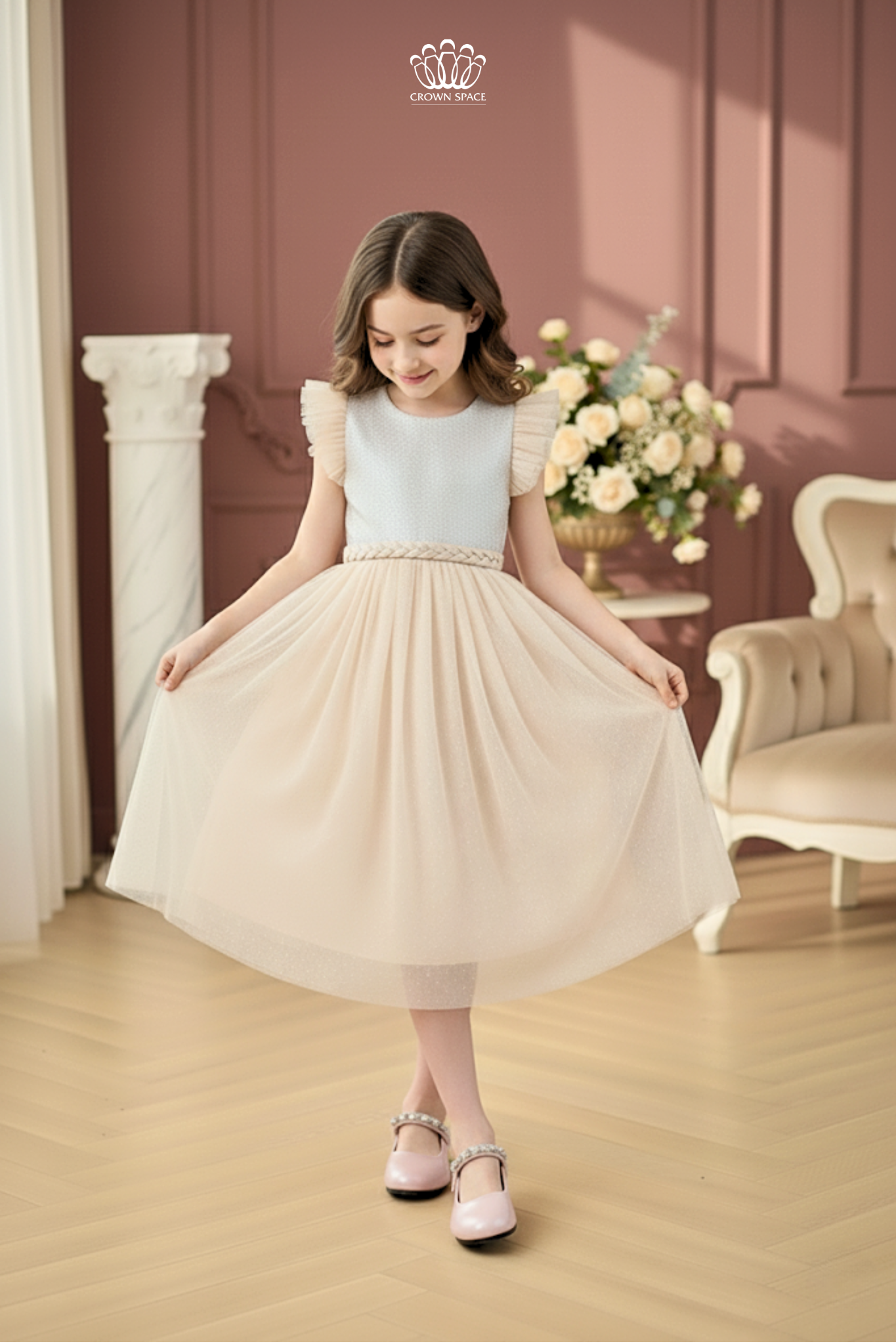  Váy Công Chúa Bé Gái Dáng Dài Voan Xoè Hồng Cam Pastel Crown Space CKGS3851408 