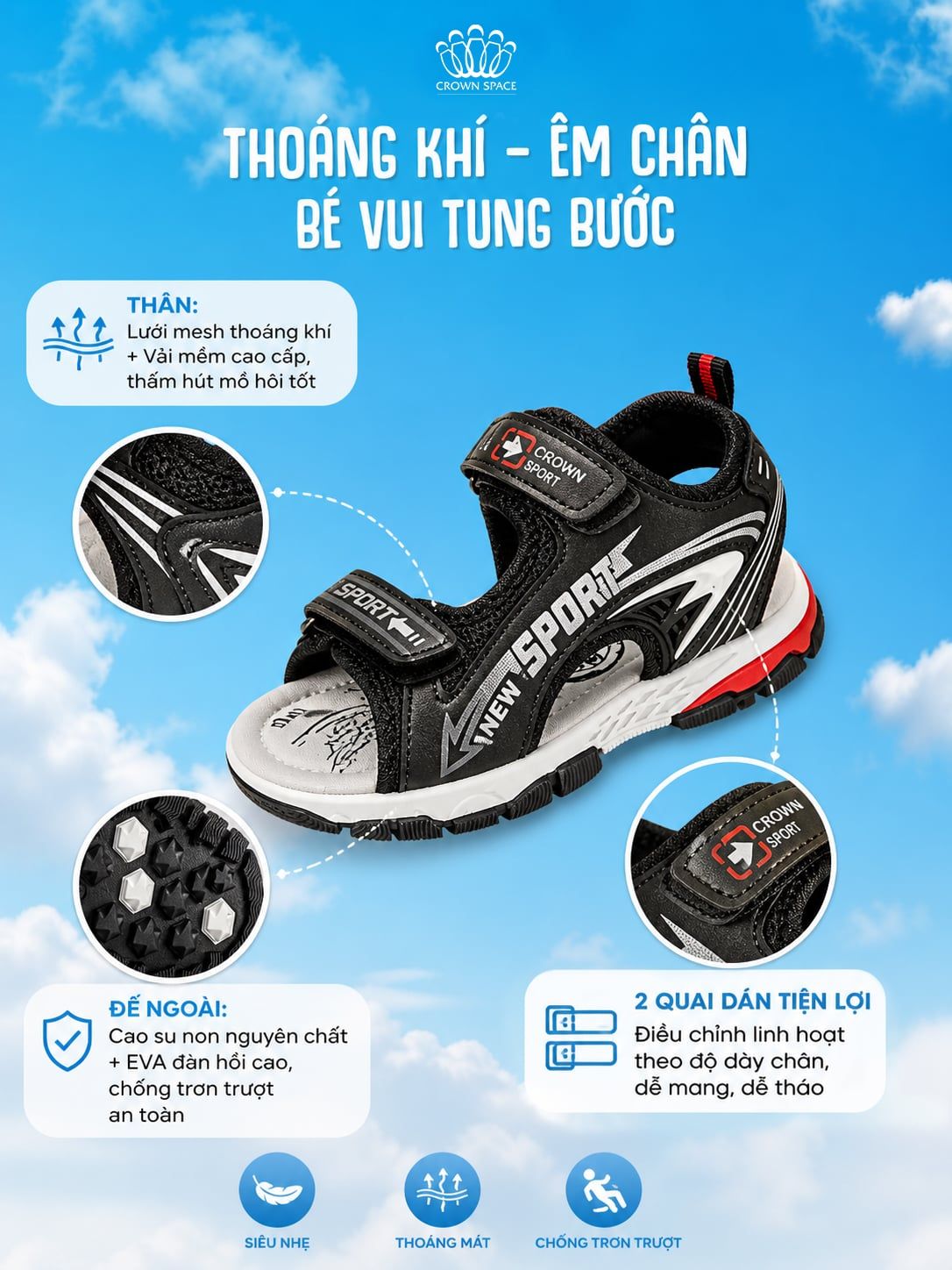  Sandal Thể Thao Bé Trai Chống Trượt, Bền Bỉ, Đen Cá Tính | Crown Space CRUK586.BK 