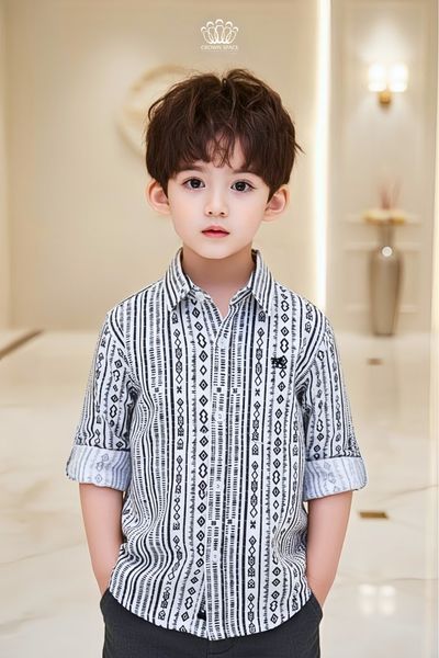  Áo Sơ Mi Bé Trai Họa Tiết Kẻ Đen Navy Tinh Tế, Thanh Lịch Crown Space CKBL52514018 