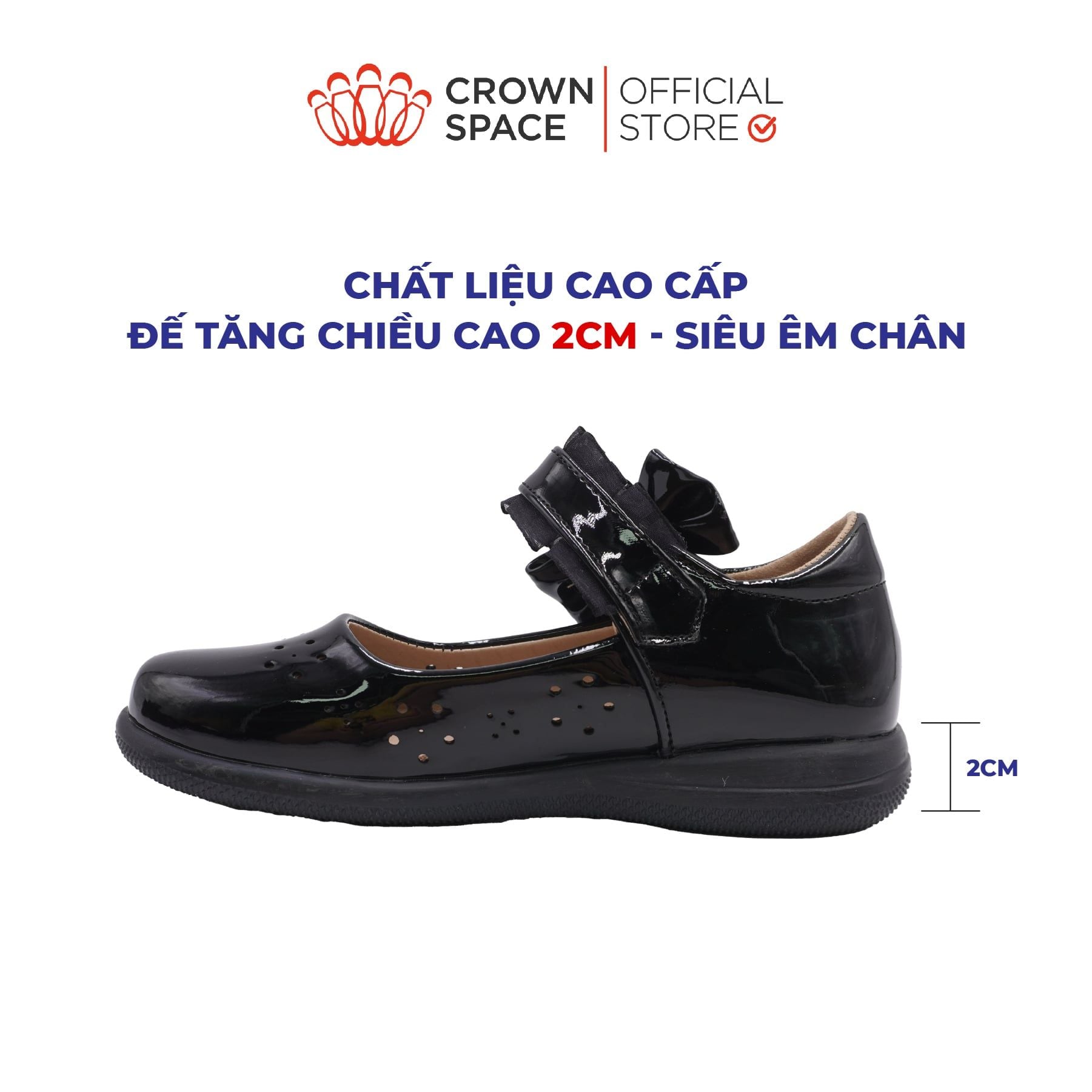  [Pre-order] Giày Đi Học School Shoes Bé Gái Da Bóng Đính Nơ Xinh Xắn, Tăng Chiều Cao 2cm | Crown Space CRUK3084 