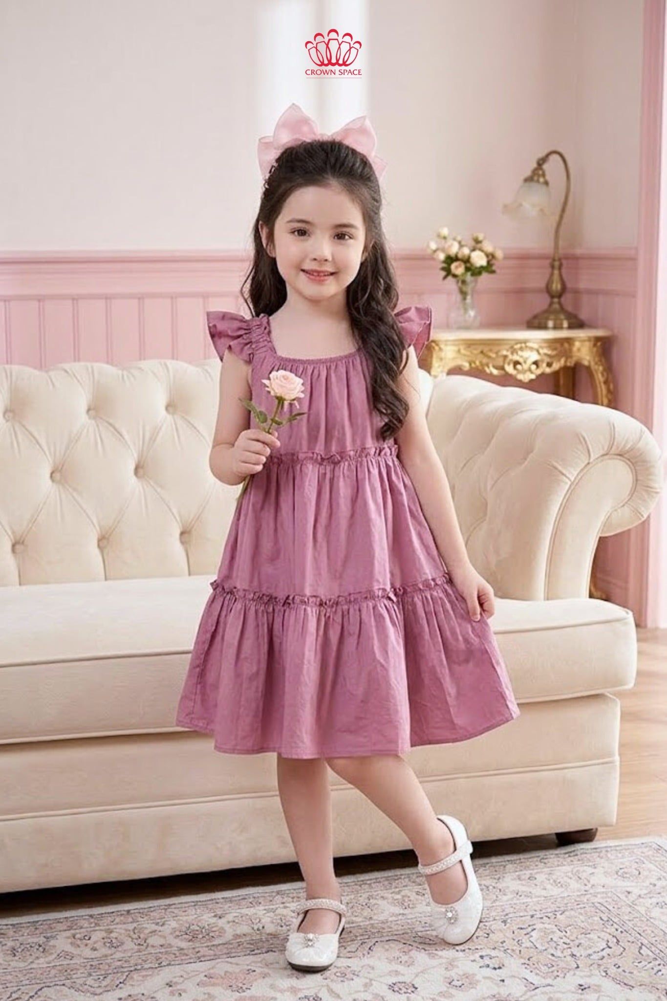 Váy Bé Gái Hồng Tầng Nhún Crown Space – Váy Công Chúa Cotton Mềm Mại CKGS2860203 