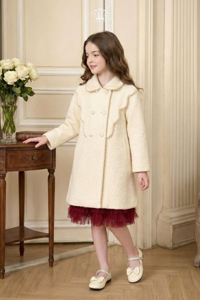  Áo Khoác Dạ Lông Thỏ Màu Kem Viền Đính Kết Hạt Pha Lê | Crown Space CKGL63517071 