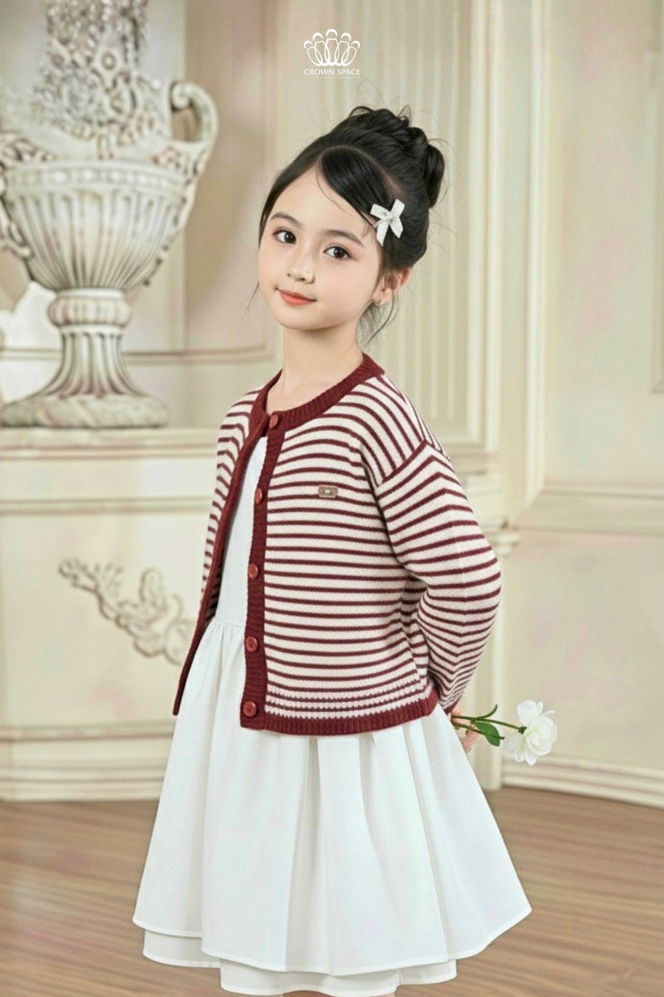  Áo Khoác Len Cardigan Bé Gái Họa Tiết Kẻ Ngang Classic | Crown Space CKGL6451610 