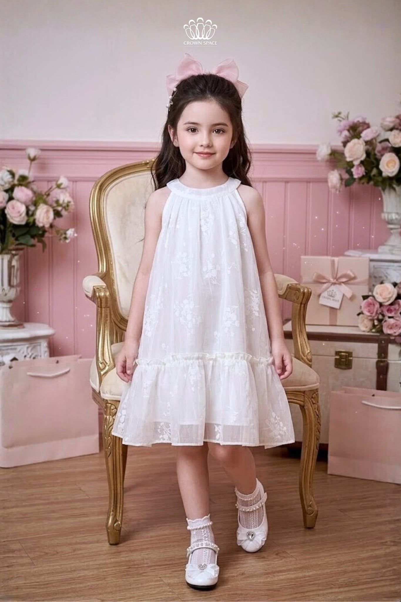  Váy Bé Gái Tulle Cổ Yếm Xếp Ly Họa Tiết Hoa Tinh Tế – Crown Space CKGS3860301 