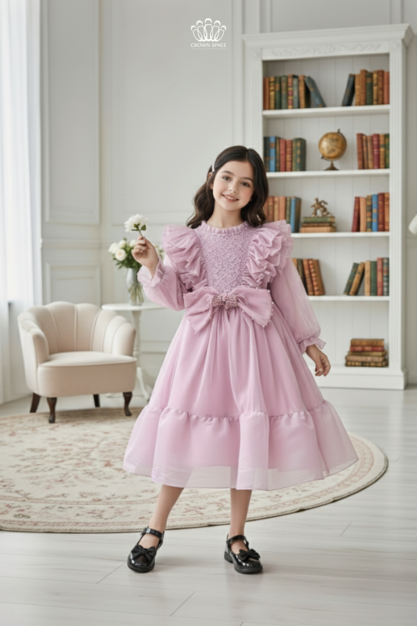  Váy Công Chúa Bé Gái Tím Pastel Nhún Bèo Vai Phối Nơ Duyên Dáng Crown Space CKGL38514016 