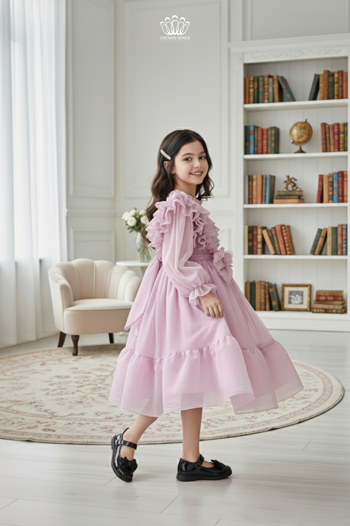  Váy Công Chúa Bé Gái Tím Pastel Nhún Bèo Vai Phối Nơ Duyên Dáng Crown Space CKGL38514016 