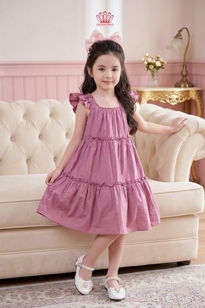  Váy Bé Gái Hồng Tầng Nhún Crown Space – Váy Công Chúa Cotton Mềm Mại CKGS2860203 