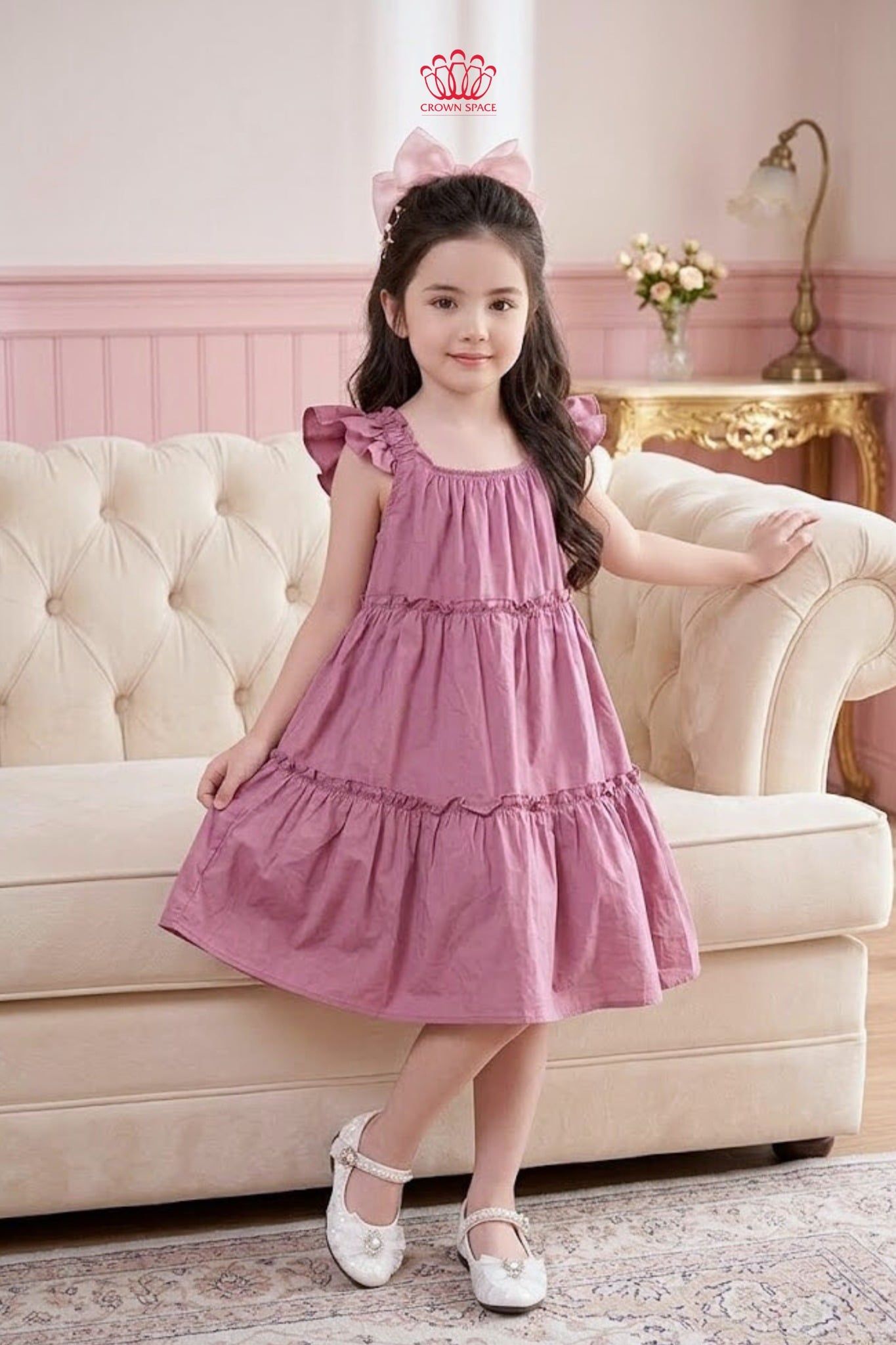  Váy Bé Gái Hồng Tầng Nhún Crown Space – Váy Công Chúa Cotton Mềm Mại CKGS2860203 