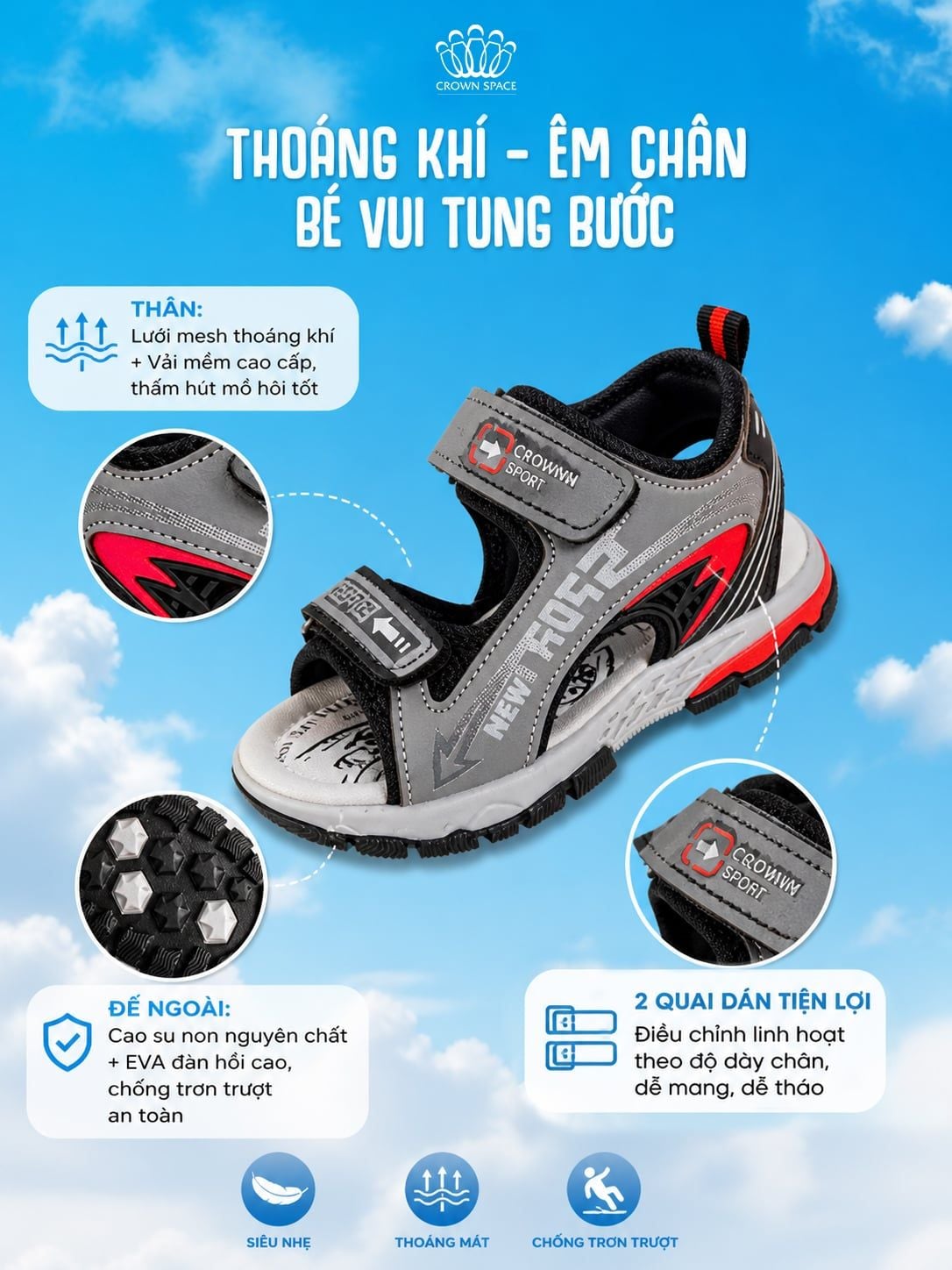  Sandal Thể Thao Bé Trai Chống Trượt, Bền Bỉ, Xám Đỏ Phá Cách | Crown Space CRUK586.GY 
