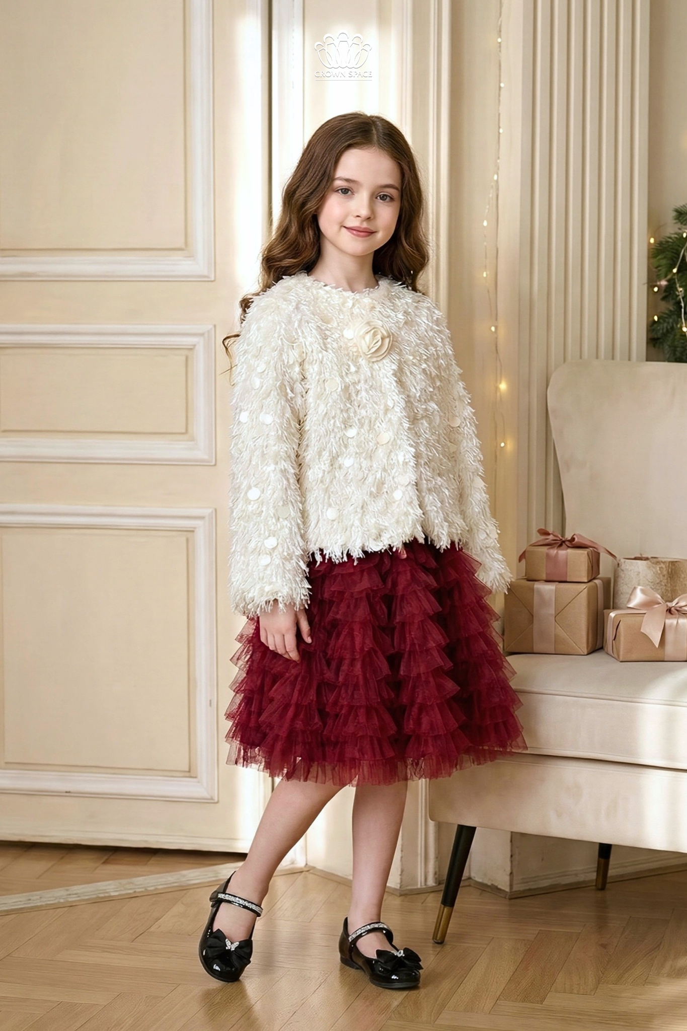  Áo Khoác Lông Tuyết Đính Kim Sa Lấp Lánh Phối Hoa Hồng 3D | Crown Space CKGS6351706 