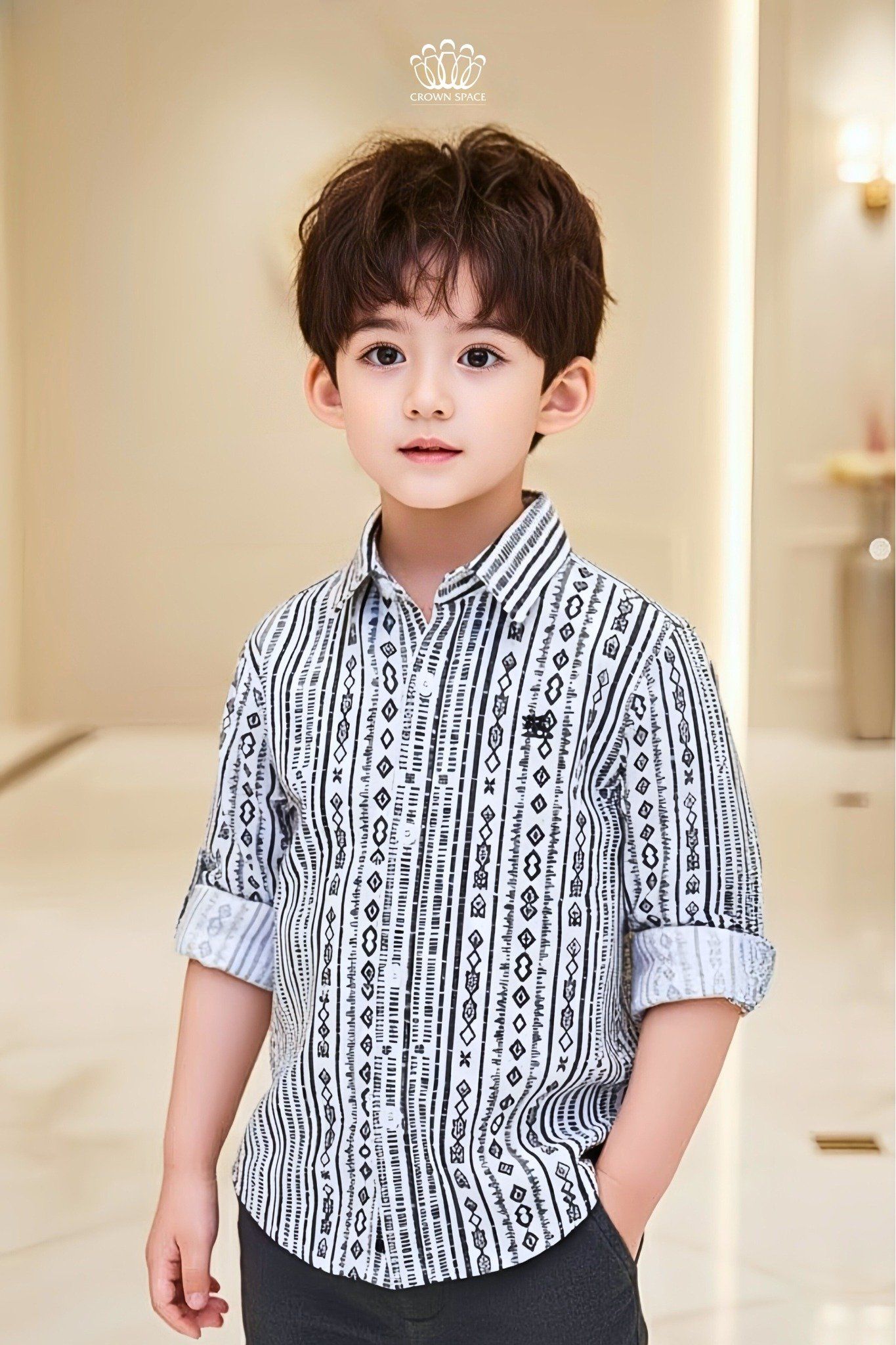  [Xả kho-Miễn Đổi Trả] Áo Sơ Mi Bé Trai Họa Tiết Kẻ Đen Navy Tinh Tế, Thanh Lịch Crown Space CKBL52514018 