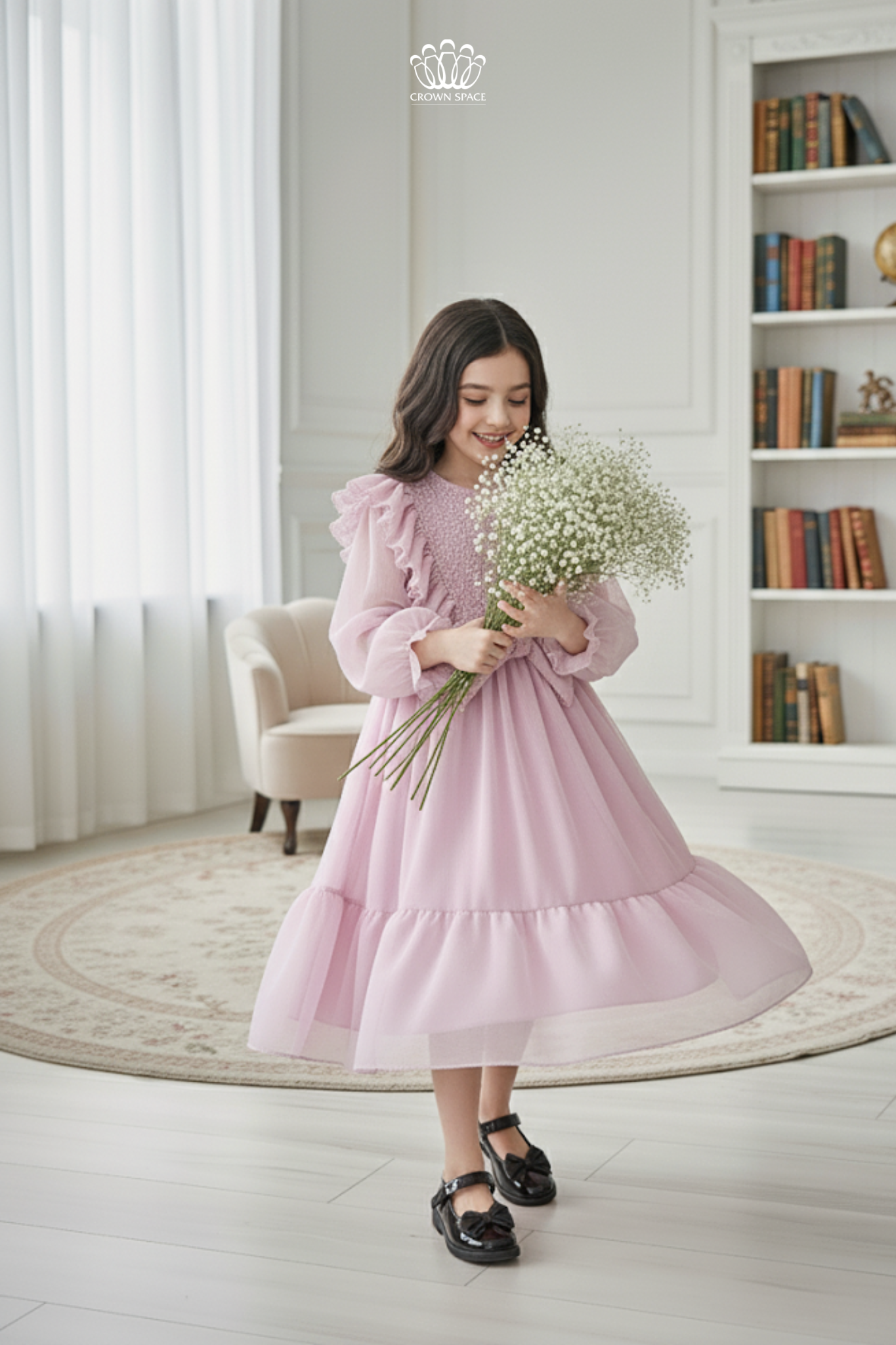  Váy Công Chúa Bé Gái Tím Pastel Nhún Bèo Vai Phối Nơ Duyên Dáng Crown Space CKGL38514016 