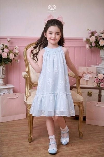  Váy Bé Gái Tulle Cổ Yếm Xếp Ly Họa Tiết Hoa Tinh Tế – Crown Space CKGS3860301 