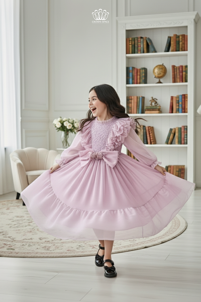  Váy Công Chúa Bé Gái Tím Pastel Nhún Bèo Vai Phối Nơ Duyên Dáng Crown Space CKGL38514016 