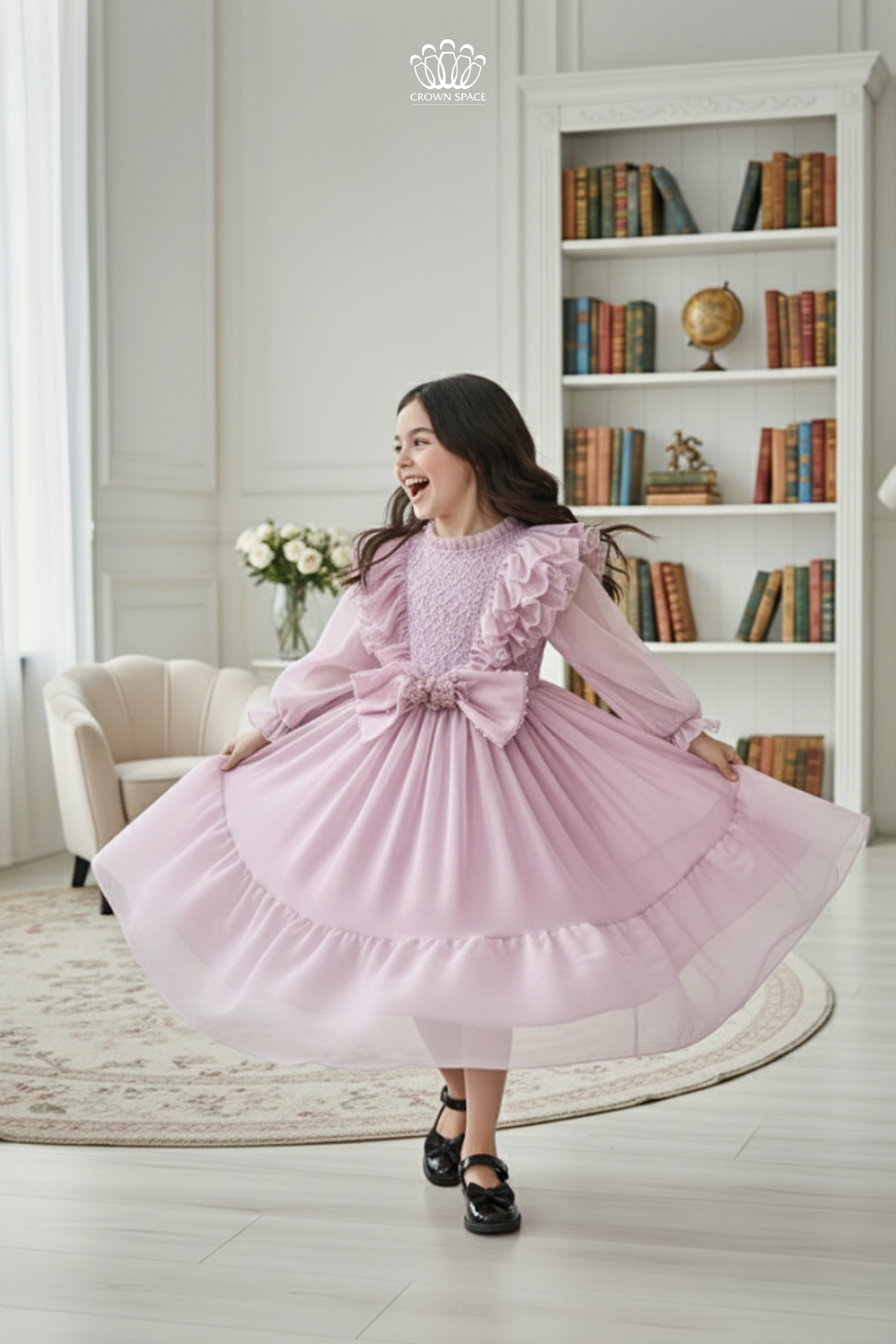  Váy Công Chúa Bé Gái Tím Pastel Nhún Bèo Vai Phối Nơ Duyên Dáng Crown Space CKGL38514016 