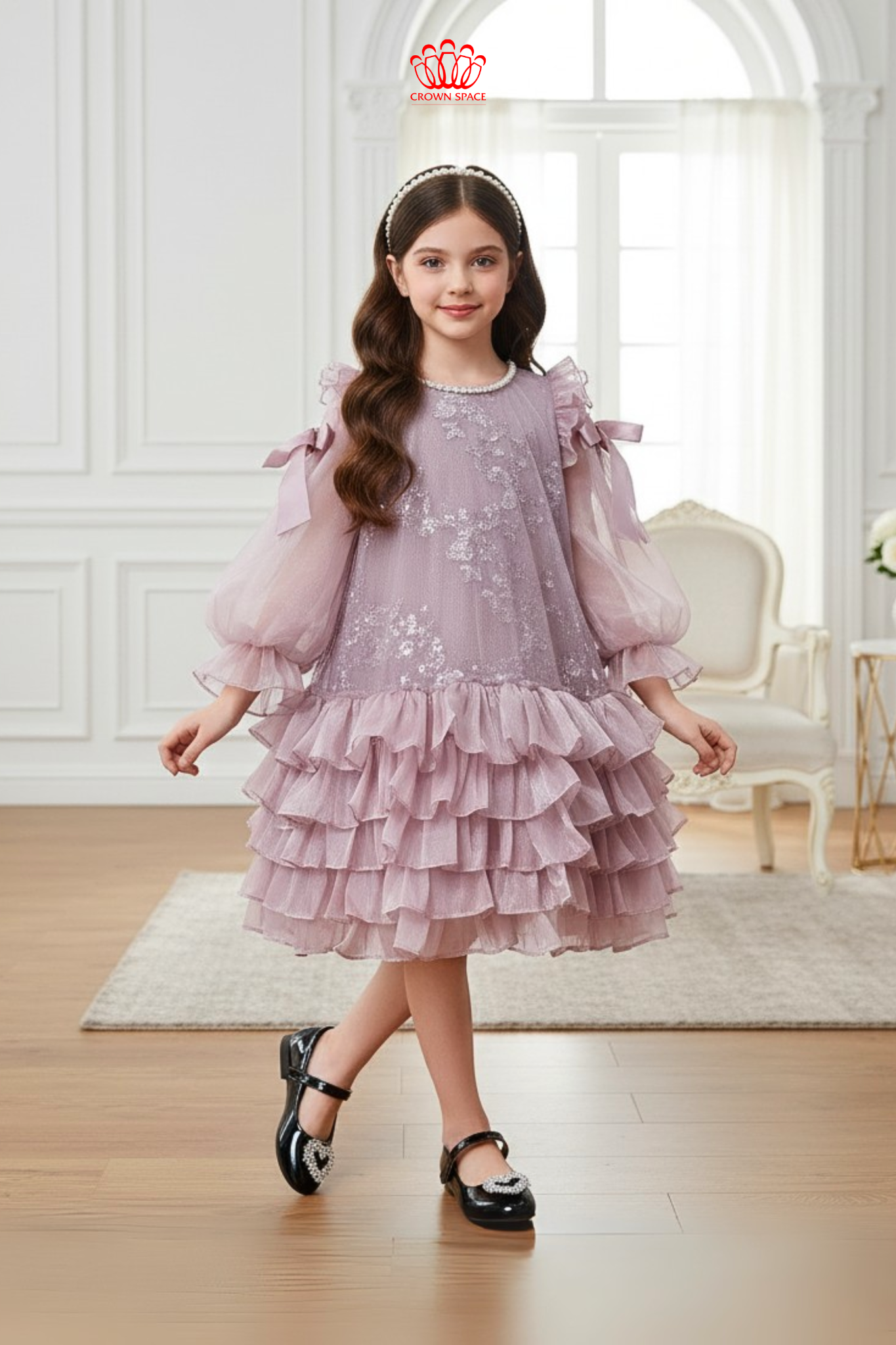  Váy Công Chúa Bé Gái Tầng Voan Bồng Bềnh Tím hồng Crown Space CKGL38514018 