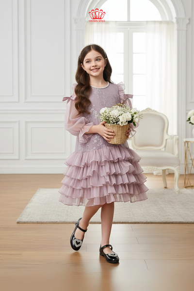  Váy Công Chúa Bé Gái Tầng Voan Bồng Bềnh Tím hồng Crown Space CKGL38514018 