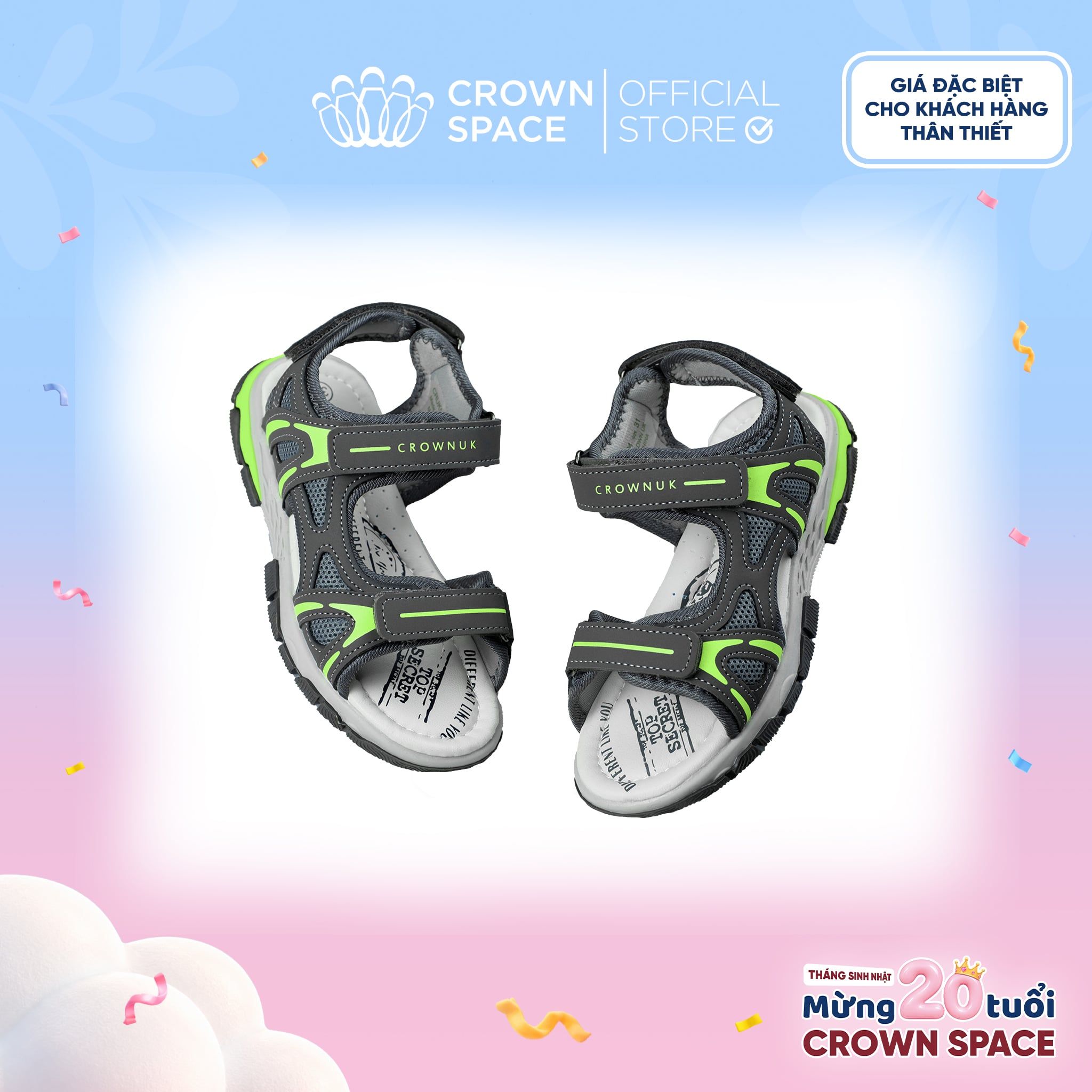  (VIP Private Sale) Sandal Thể Thao Cao Cấp Bé Trai Chống Trượt, Bền Bỉ, Xám Khói Hiện Đại | Crown Space CRUK584.GY 