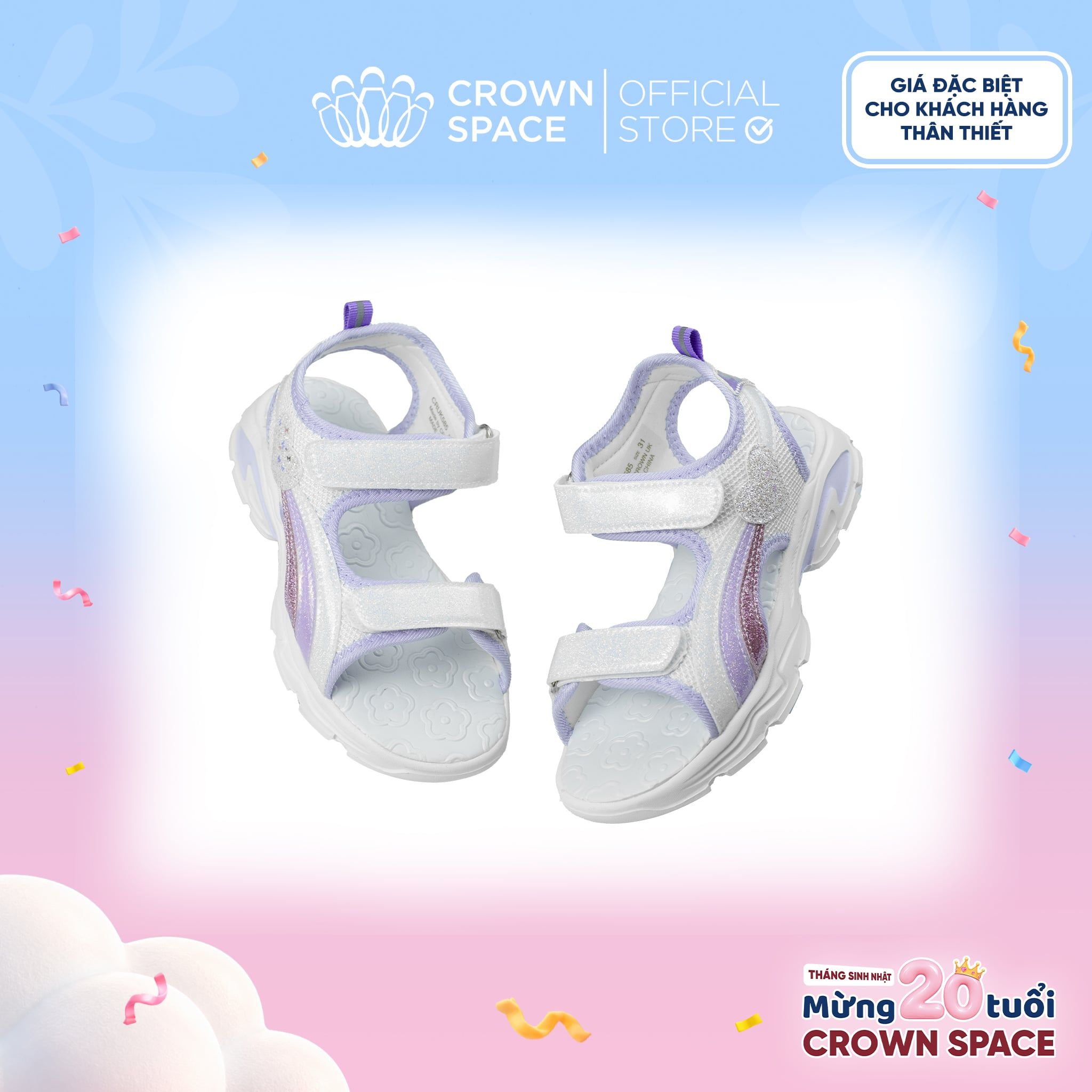  (VIP Private Sale) Sandal Thể Thao Cao Cấp Bé Gái Siêu Nhẹ, Thoáng Khí, Tím Mộng Mơ | Crown Space CRUK585.PU 
