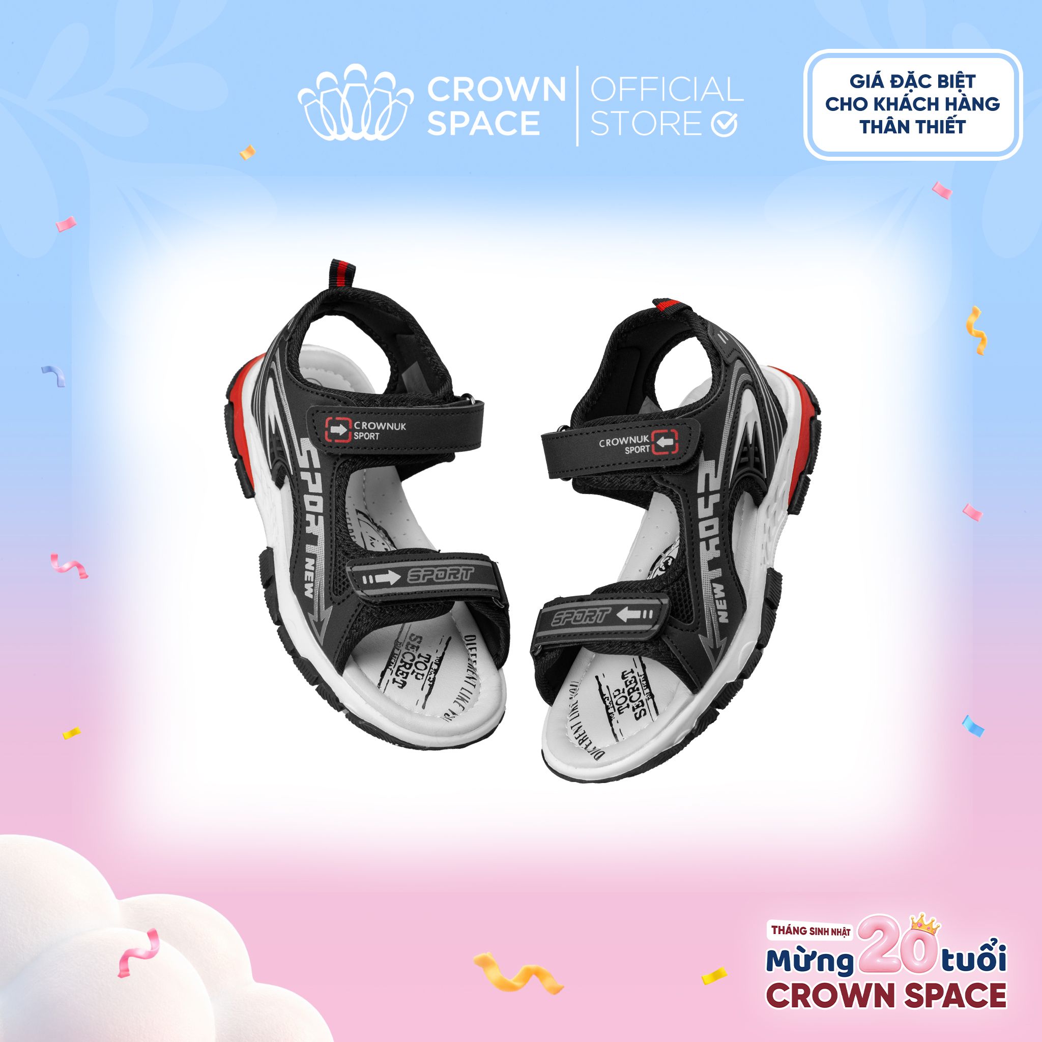  (VIP Private Sale) Sandal Thể Thao Bé Trai Chống Trượt, Bền Bỉ, Đen Cá Tính | Crown Space CRUK586.BK 