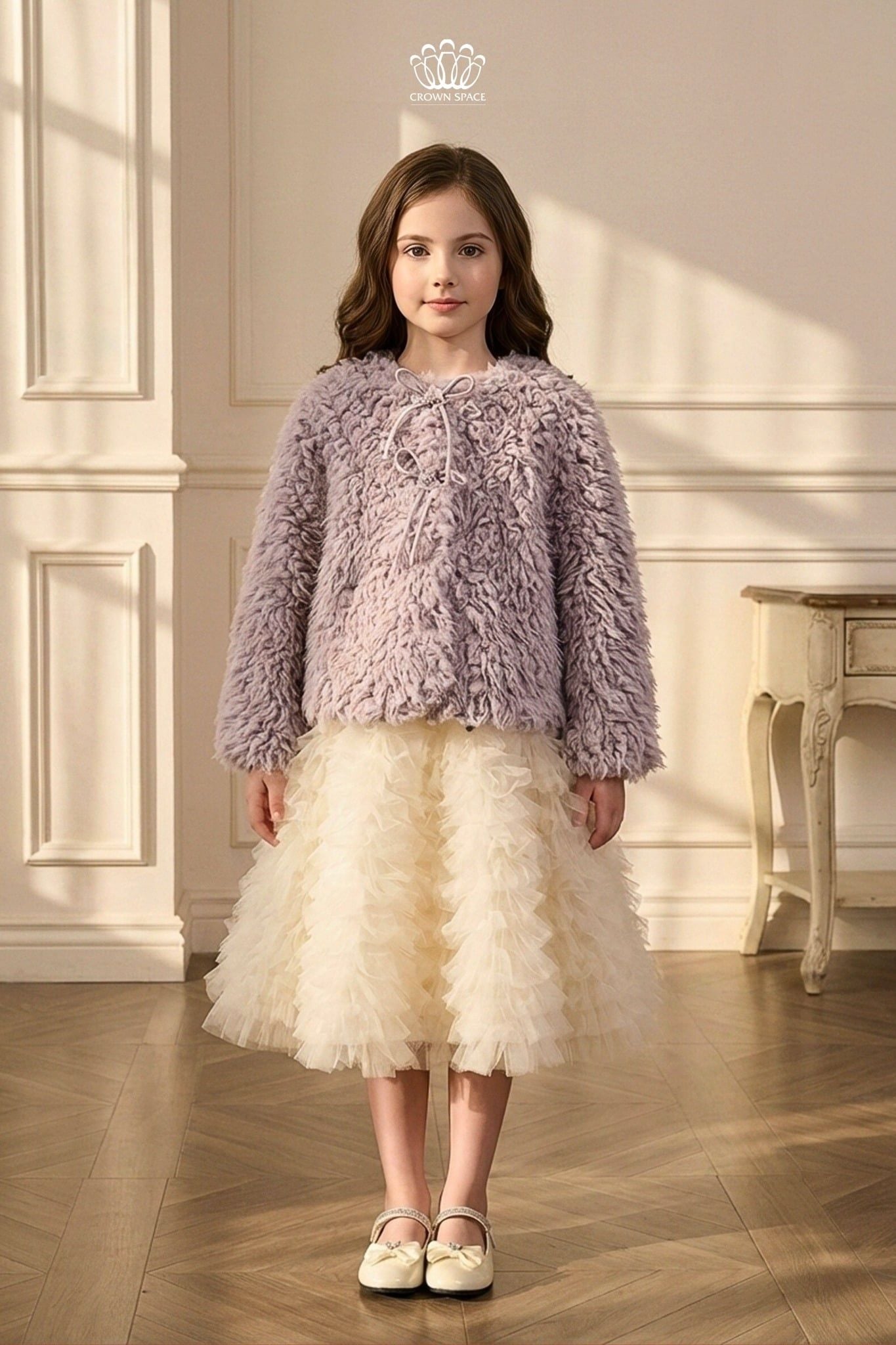  Áo Khoác Lông Cừu Mềm Mại Màu Tím Pastel Phối Nơ Đính Đá | Crown Space CKGL6351702 