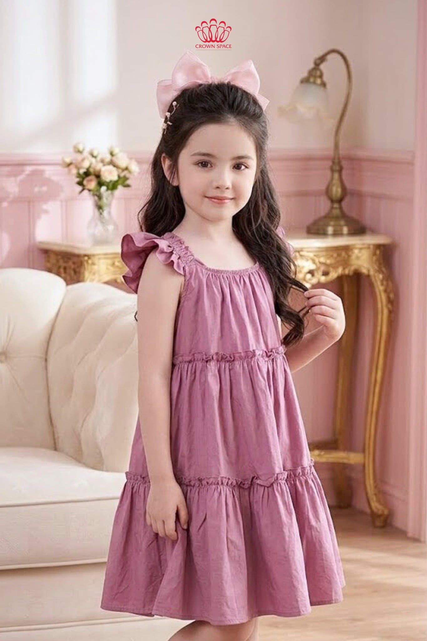 Váy Bé Gái Hồng Tầng Nhún Crown Space – Váy Công Chúa Cotton Mềm Mại CKGS2860203 