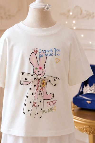  Áo Phông Cotton Bé Gái Họa Tiết Thỏ Đính Nơ Chấm Bi 3D Năng Động | Crown Space CKGS2160804.W 