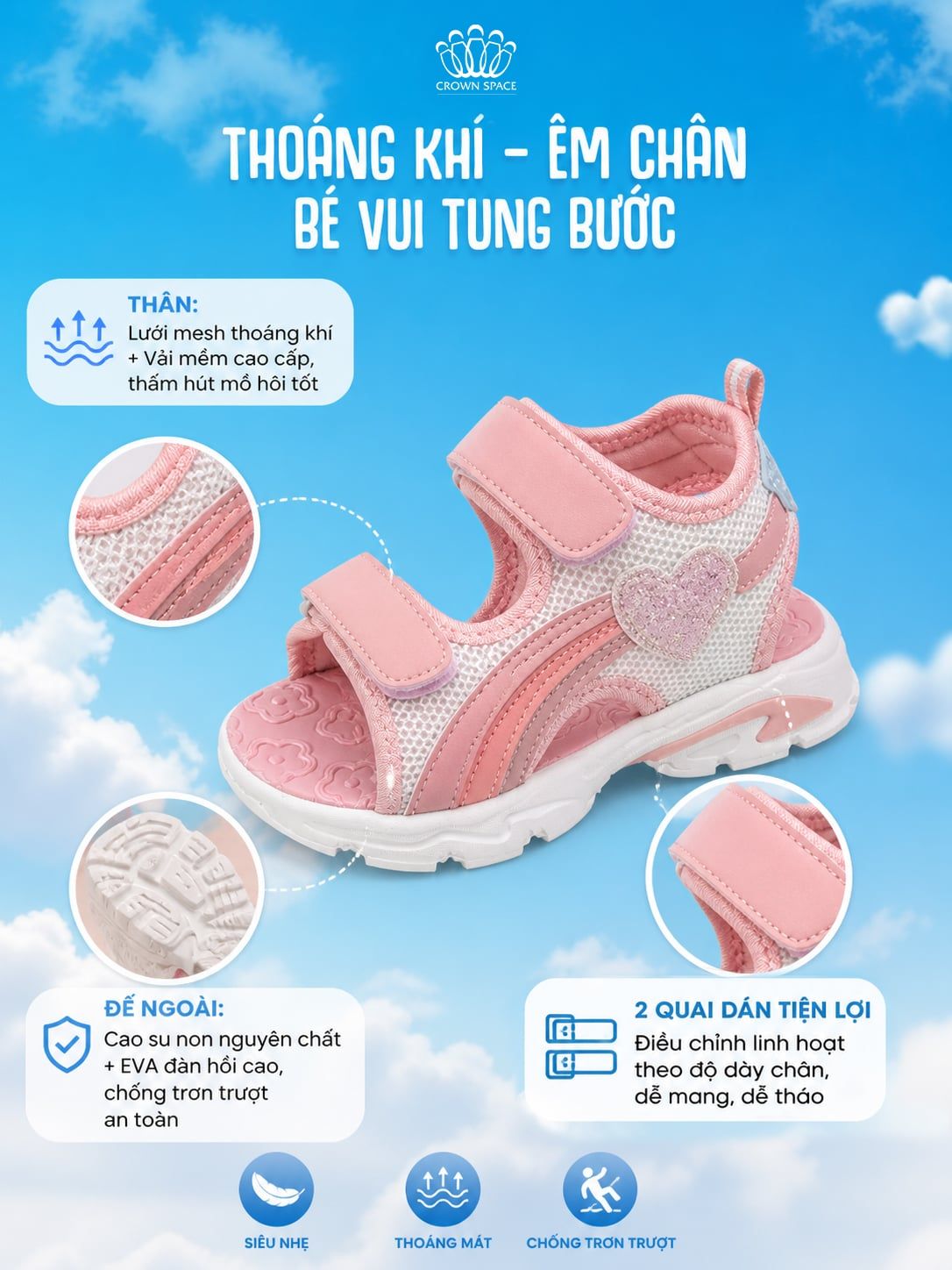  Sandal Thể Thao Bé Gái Siêu Nhẹ, Thoáng Khí, Hồng Kẹo Ngọt | Crown Space CRUK585.PK 