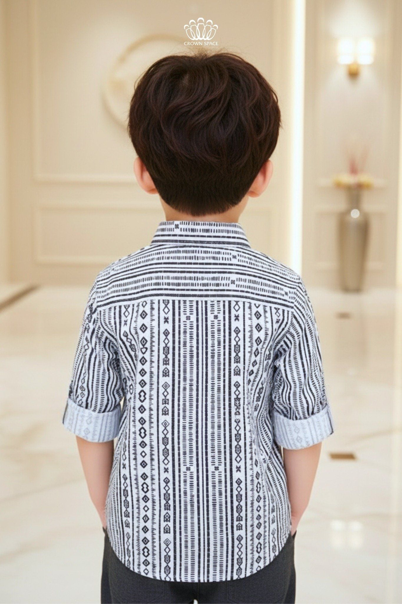  [Xả kho-Miễn Đổi Trả] Áo Sơ Mi Bé Trai Họa Tiết Kẻ Đen Navy Tinh Tế, Thanh Lịch Crown Space CKBL52514018 