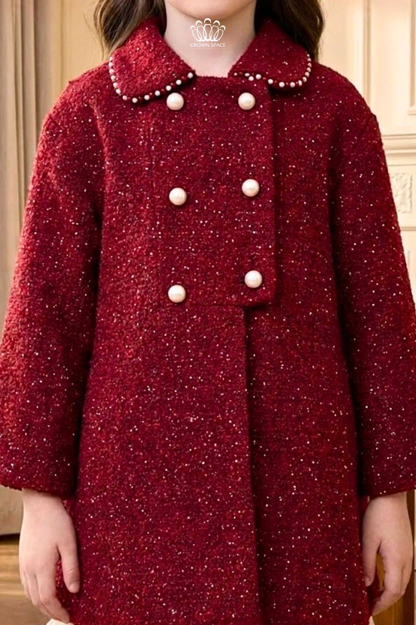  Áo Khoác Dạ Tweed Bé Gái Đỏ Đô Đính Ngọc Trai Tiểu Thư | Crown Space CKGL63517041 
