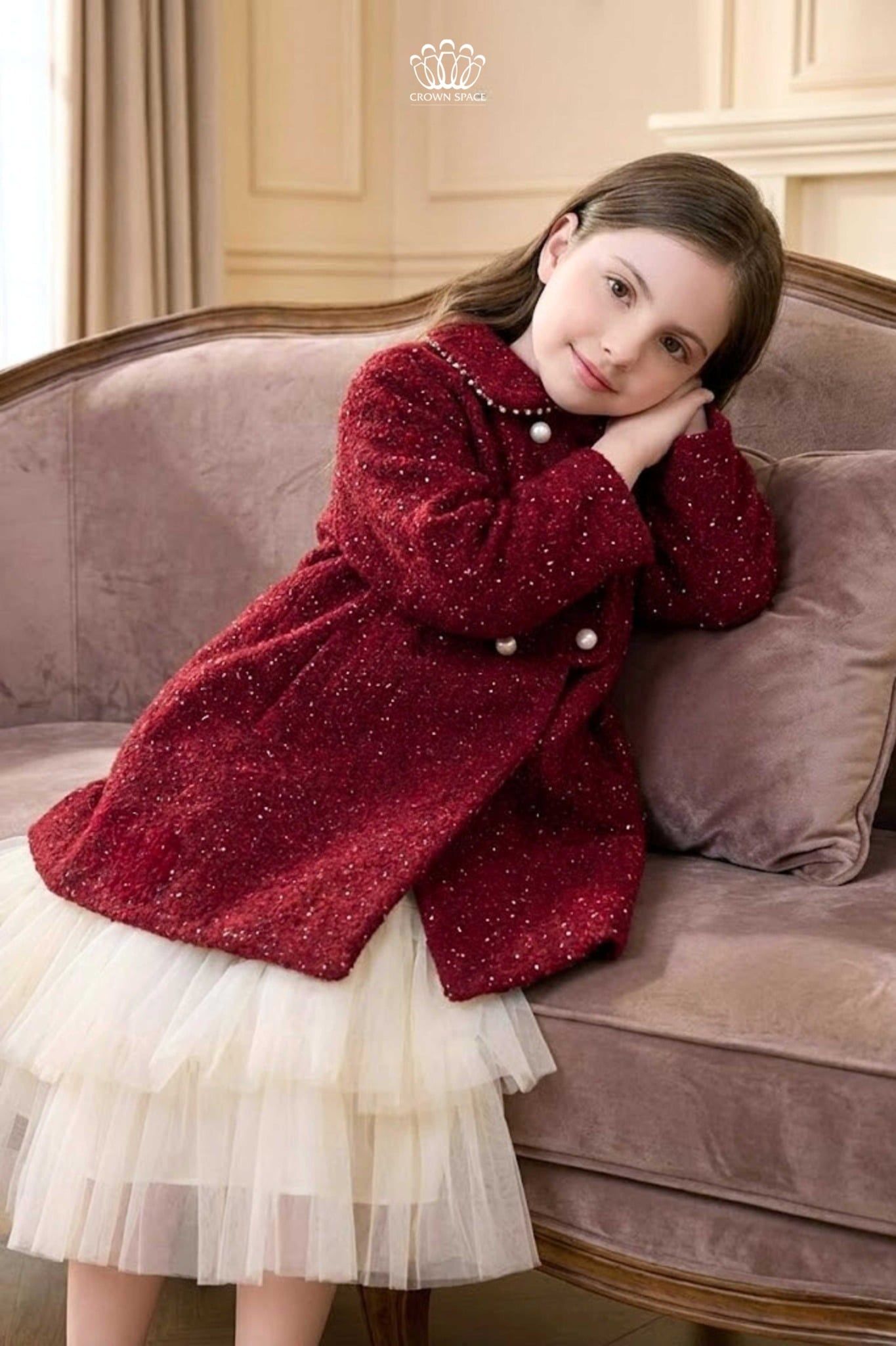  Áo Khoác Dạ Tweed Bé Gái Đỏ Đô Đính Ngọc Trai Tiểu Thư | Crown Space CKGL63517041 
