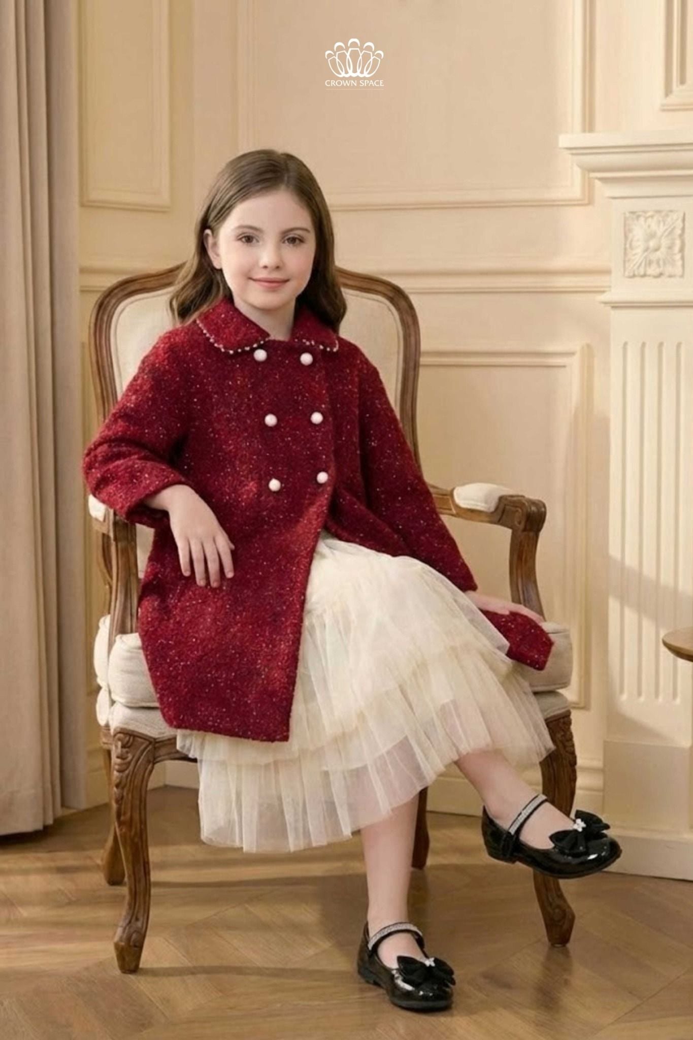  Áo Khoác Dạ Tweed Bé Gái Đỏ Đô Đính Ngọc Trai Tiểu Thư | Crown Space CKGL63517041 