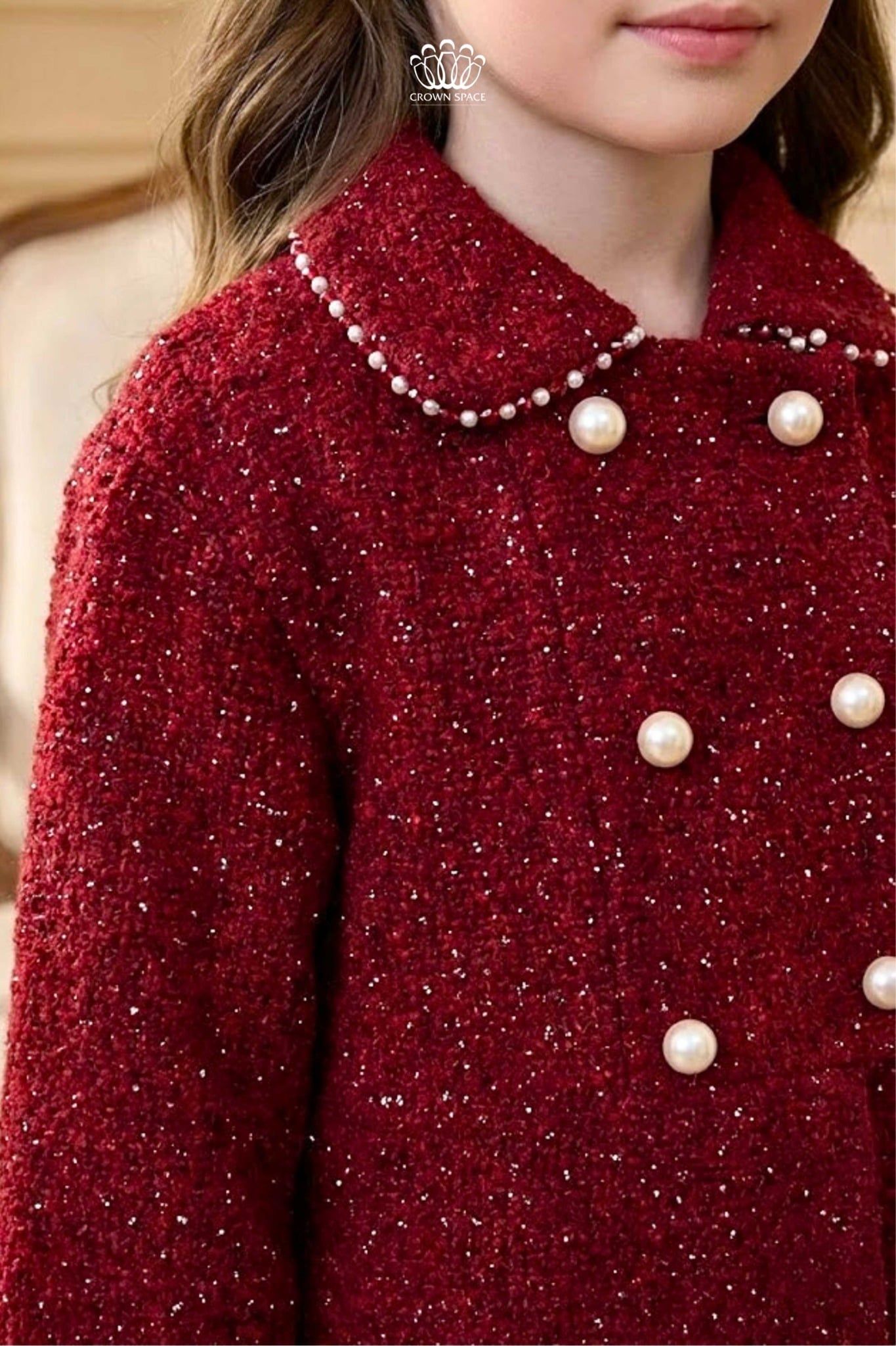 Áo Khoác Dạ Tweed Bé Gái Đỏ Đô Đính Ngọc Trai Tiểu Thư | Crown Space CKGL63517041 