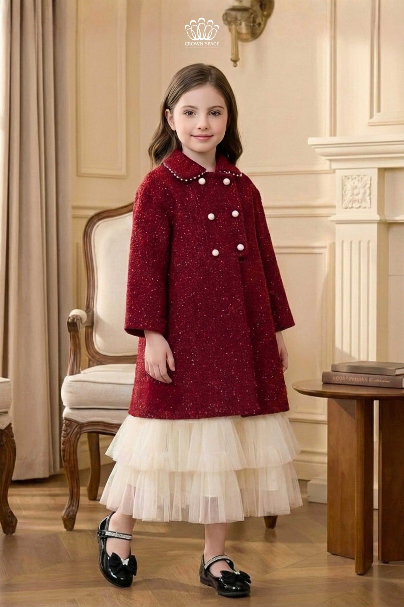  Áo Khoác Dạ Tweed Bé Gái Đỏ Đô Đính Ngọc Trai Tiểu Thư | Crown Space CKGL63517041 