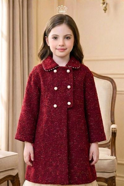  Áo Khoác Dạ Tweed Bé Gái Đỏ Đô Đính Ngọc Trai Tiểu Thư | Crown Space CKGL63517041 