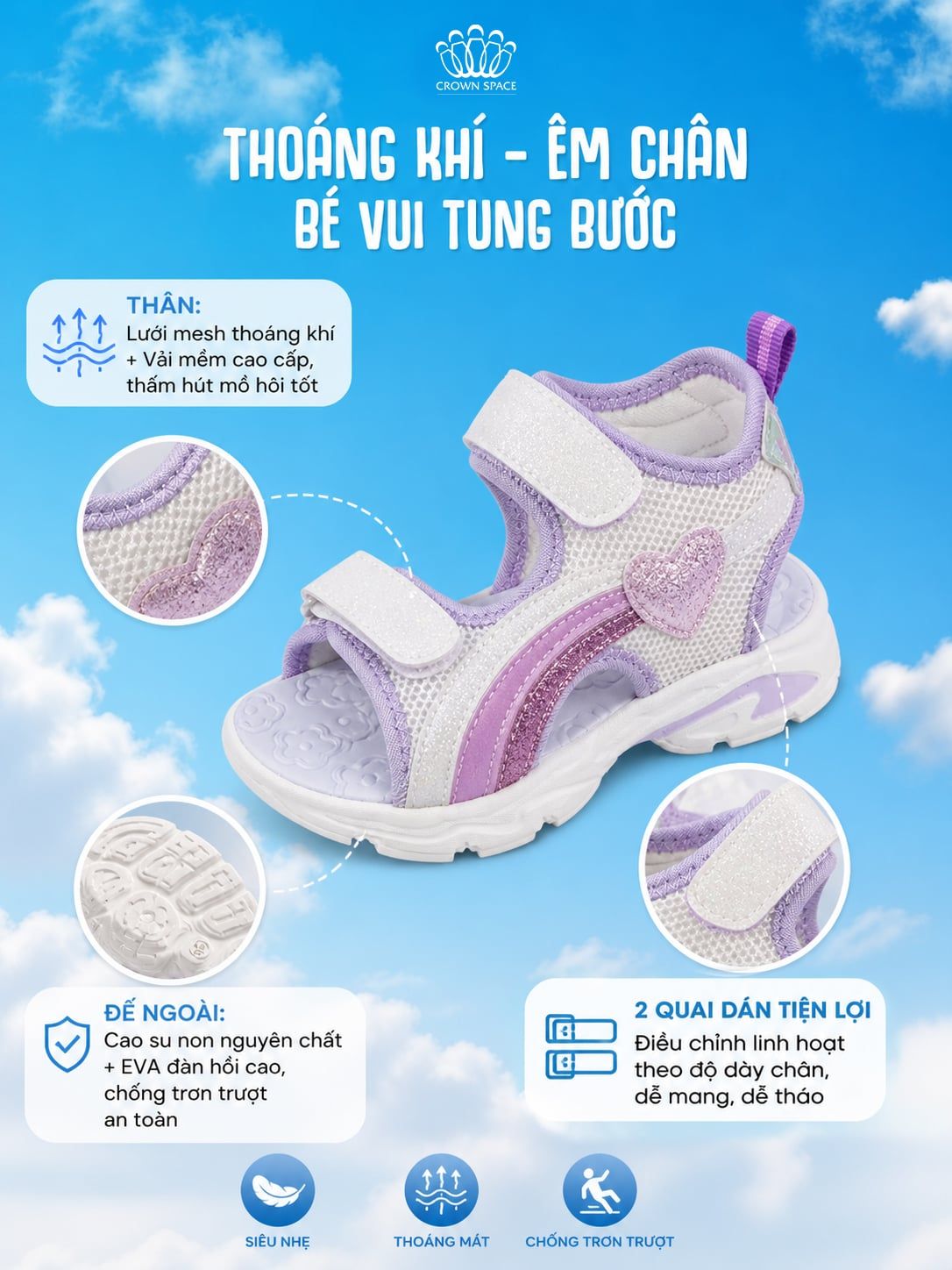  Sandal Thể Thao Cao Cấp Bé Gái Siêu Nhẹ, Thoáng Khí, Tím Mộng Mơ | Crown Space CRUK585.PU 