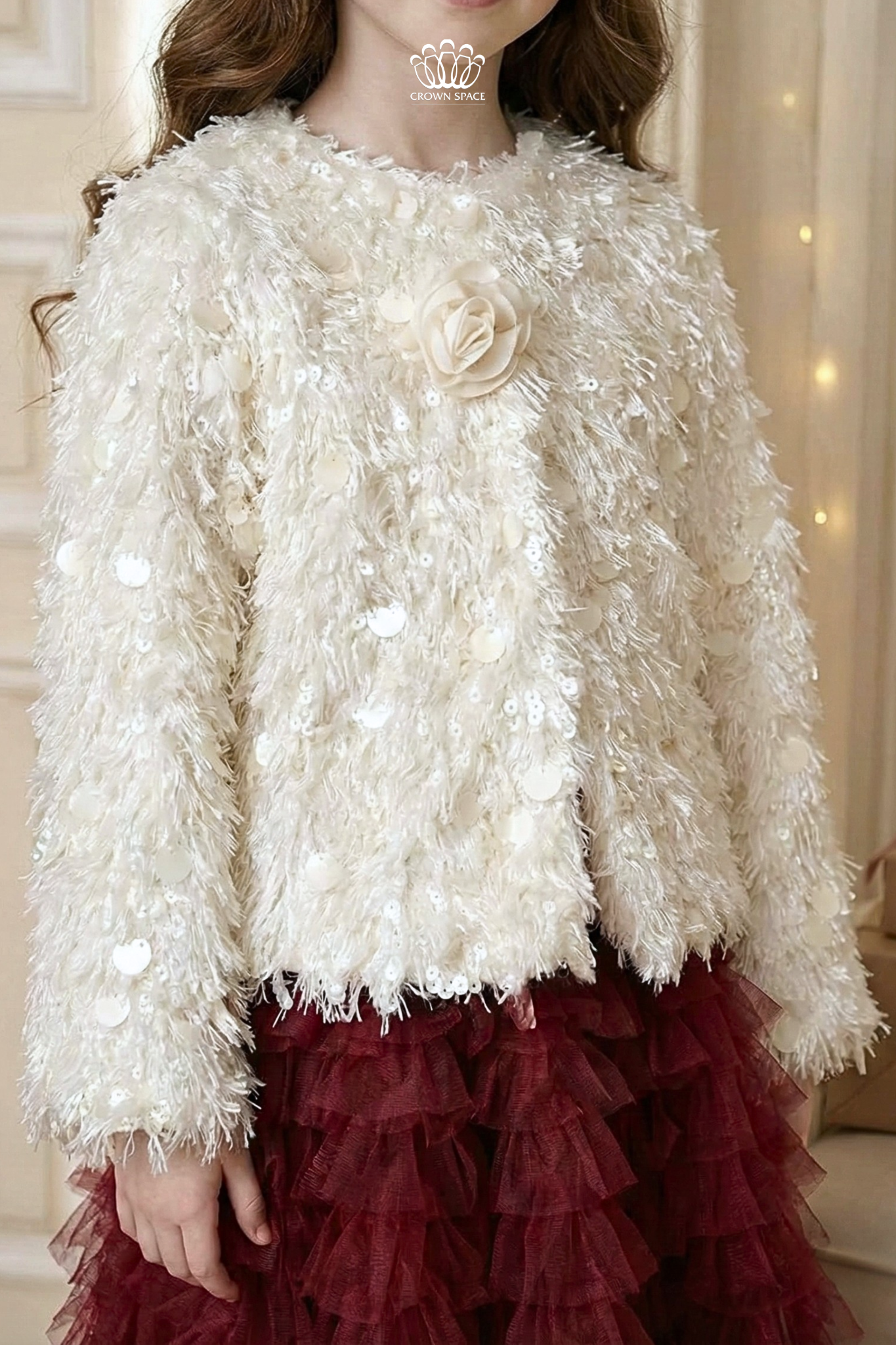  Áo Khoác Lông Tuyết Đính Kim Sa Lấp Lánh Phối Hoa Hồng 3D | Crown Space CKGS6351706 