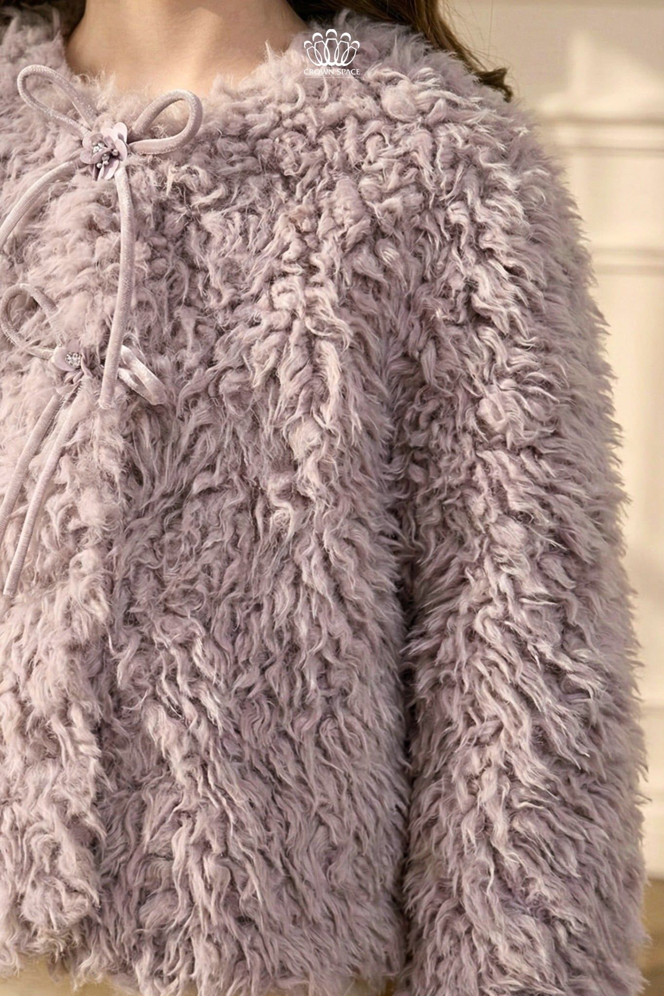  Áo Khoác Lông Cừu Mềm Mại Màu Tím Pastel Phối Nơ Đính Đá | Crown Space CKGL6351702 