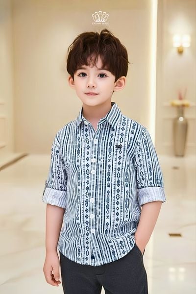  Áo Sơ Mi Bé Trai Họa Tiết Kẻ Đen Navy Tinh Tế, Thanh Lịch Crown Space CKBL52514018 